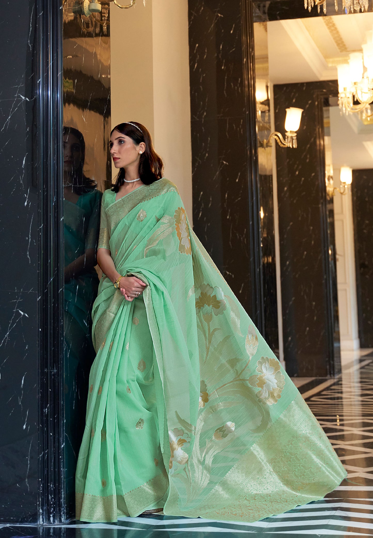 Green Kabana Pure Linen Saree