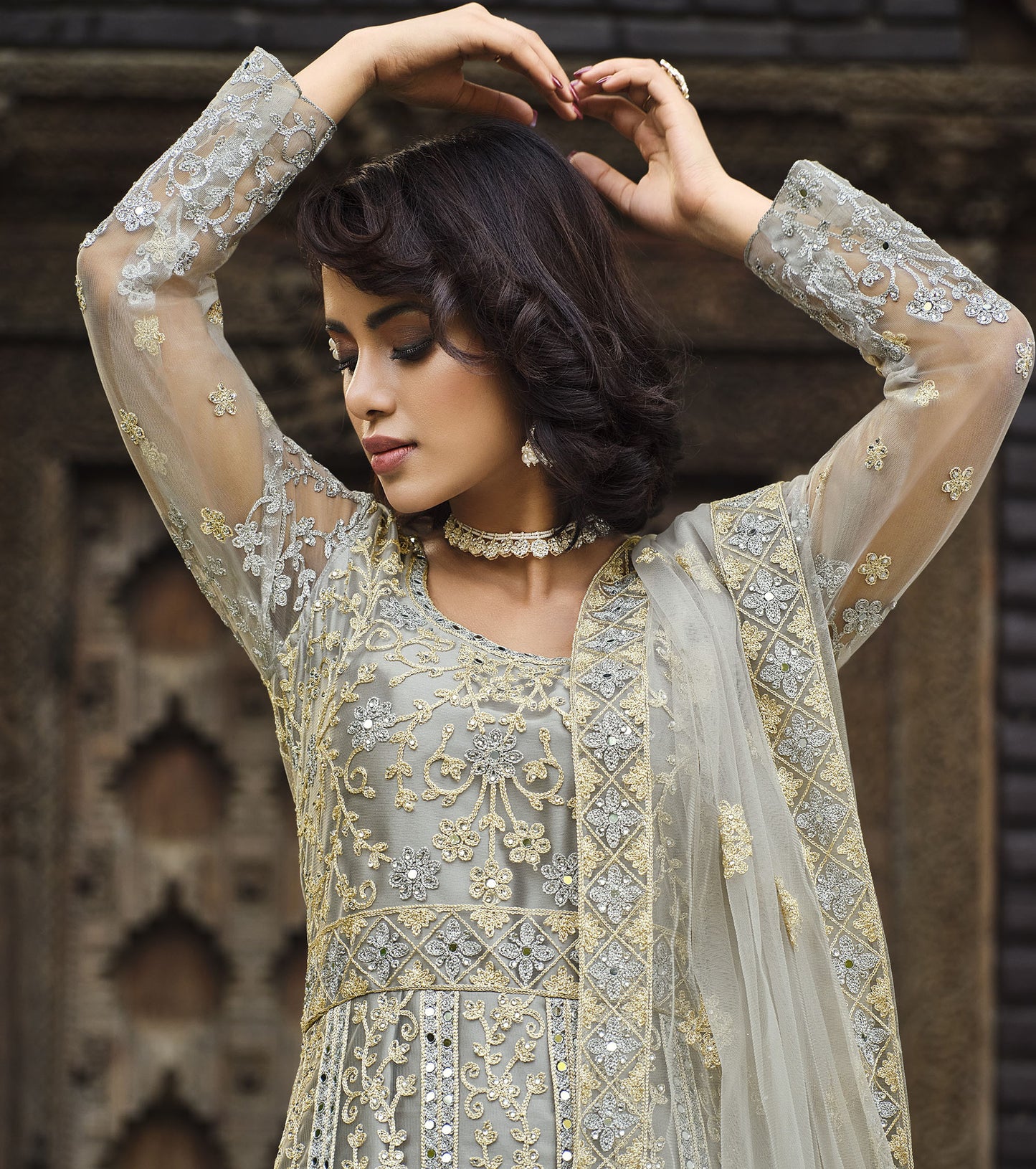 Grey Heavy Embroidered Net Bridesmaid Anarkali