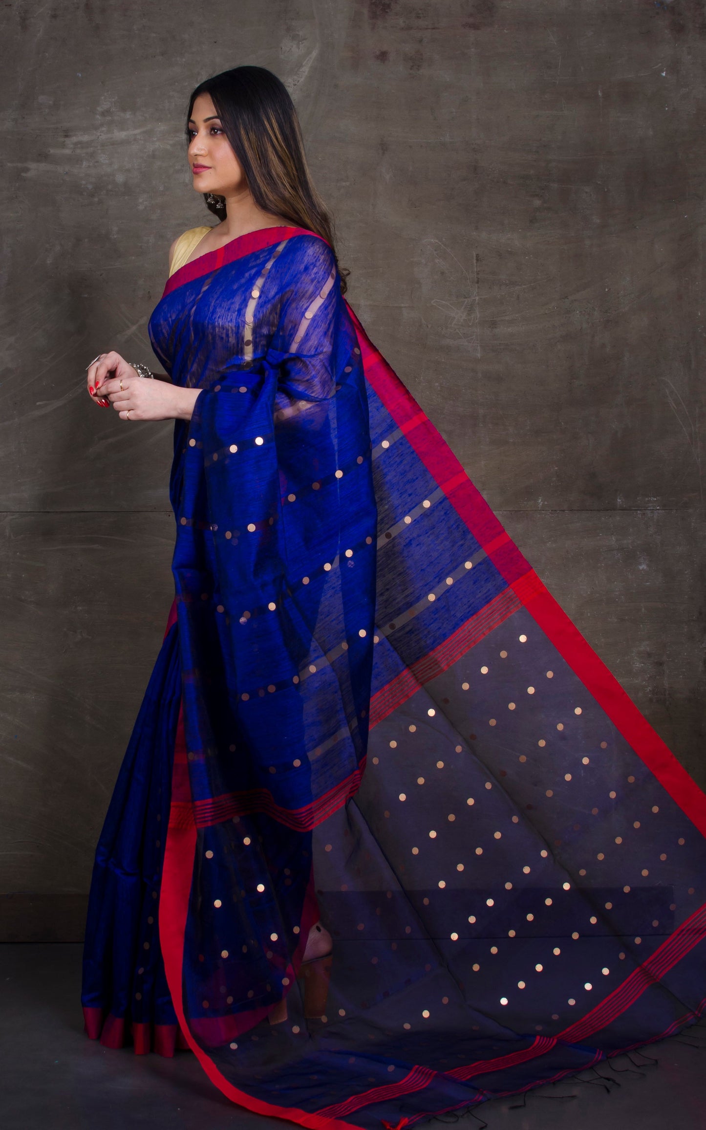 Designer Pure Matka Tussar Silk Saree in Indigo Blue and Red