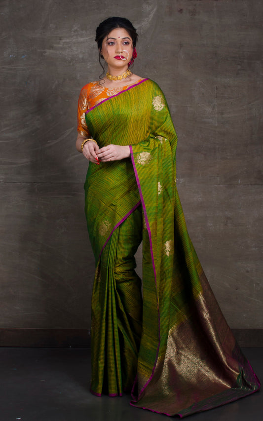 Tussar Banarasi Designer Poth Saree in Moss Green and Magenta