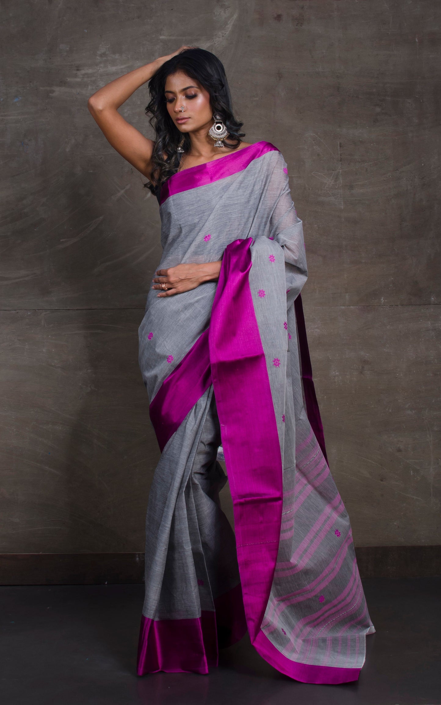 Bengal Handloom Satin Silk Border Cotton Saree in Steel Grey and Magenta