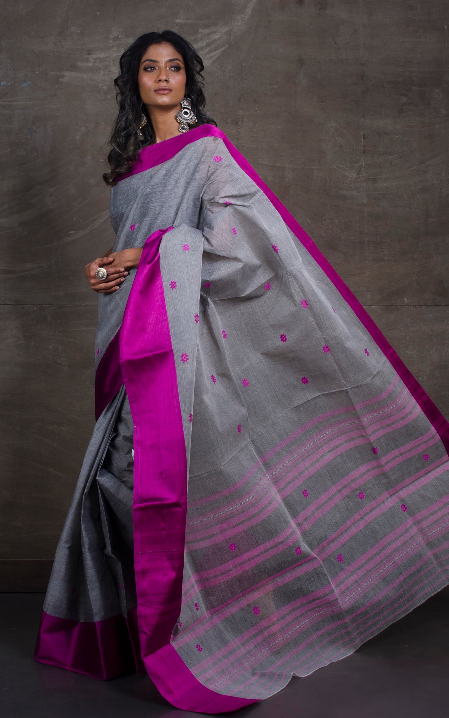 Bengal Handloom Satin Silk Border Cotton Saree in Steel Grey and Magenta