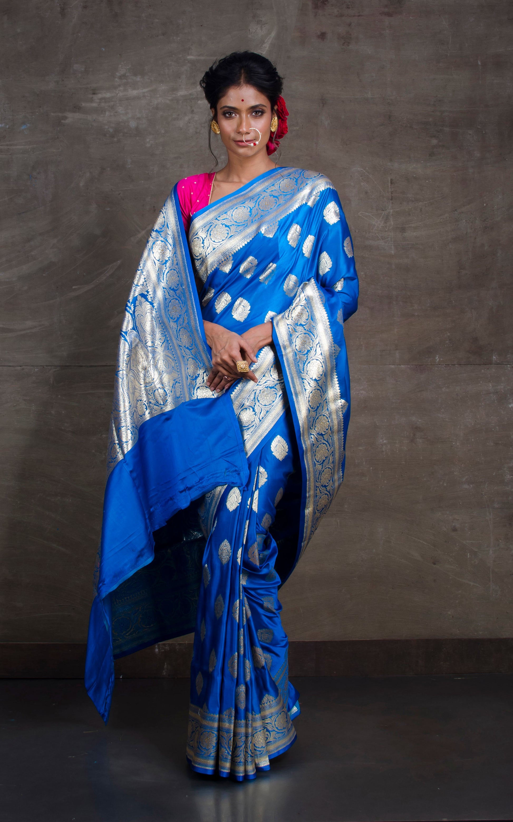 Semi Katan Nakshi Buti Banarasi Saree in Blue and Antique Silver