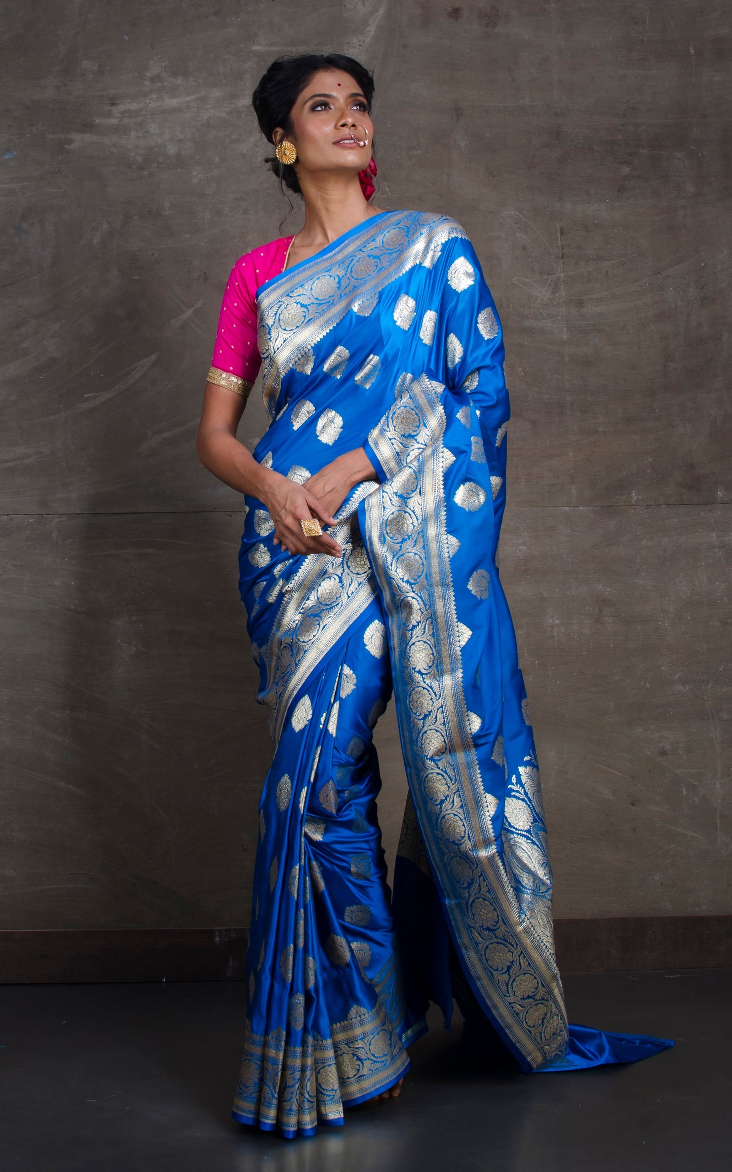 Semi Katan Nakshi Buti Banarasi Saree in Blue and Antique Silver