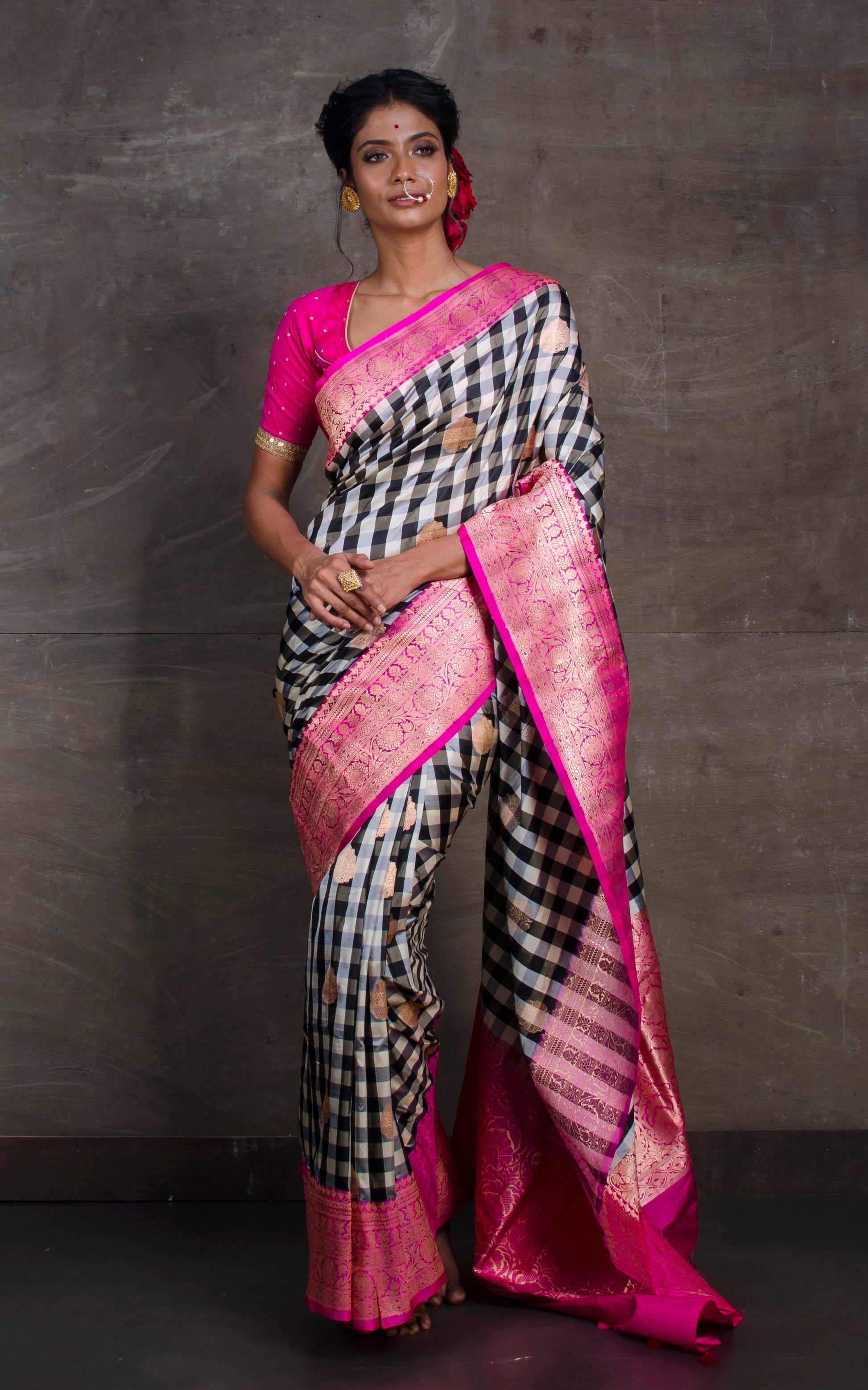 Designer Checks Katan Banarasi Silk Saree in Black ,Off White and Dark Pink