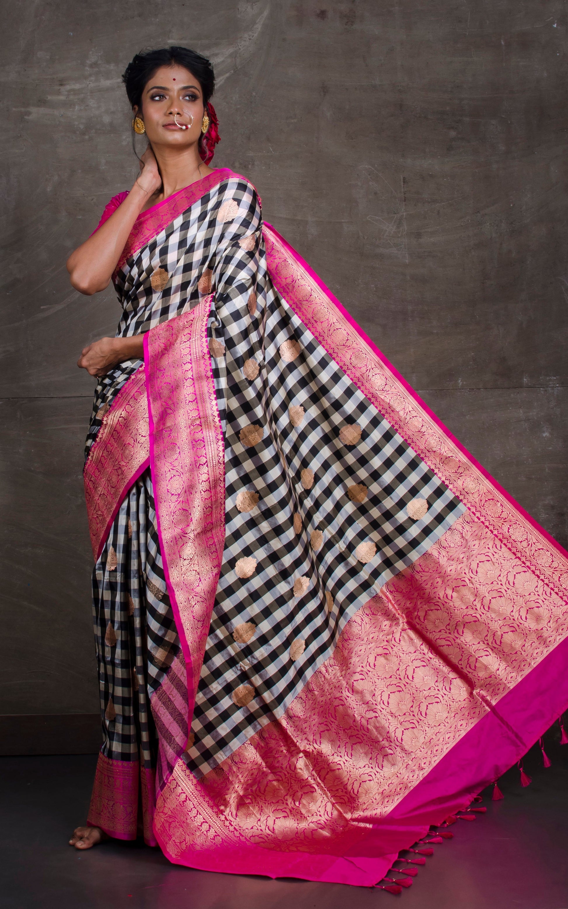 Designer Checks Katan Banarasi Silk Saree in Black ,Off White and Dark Pink