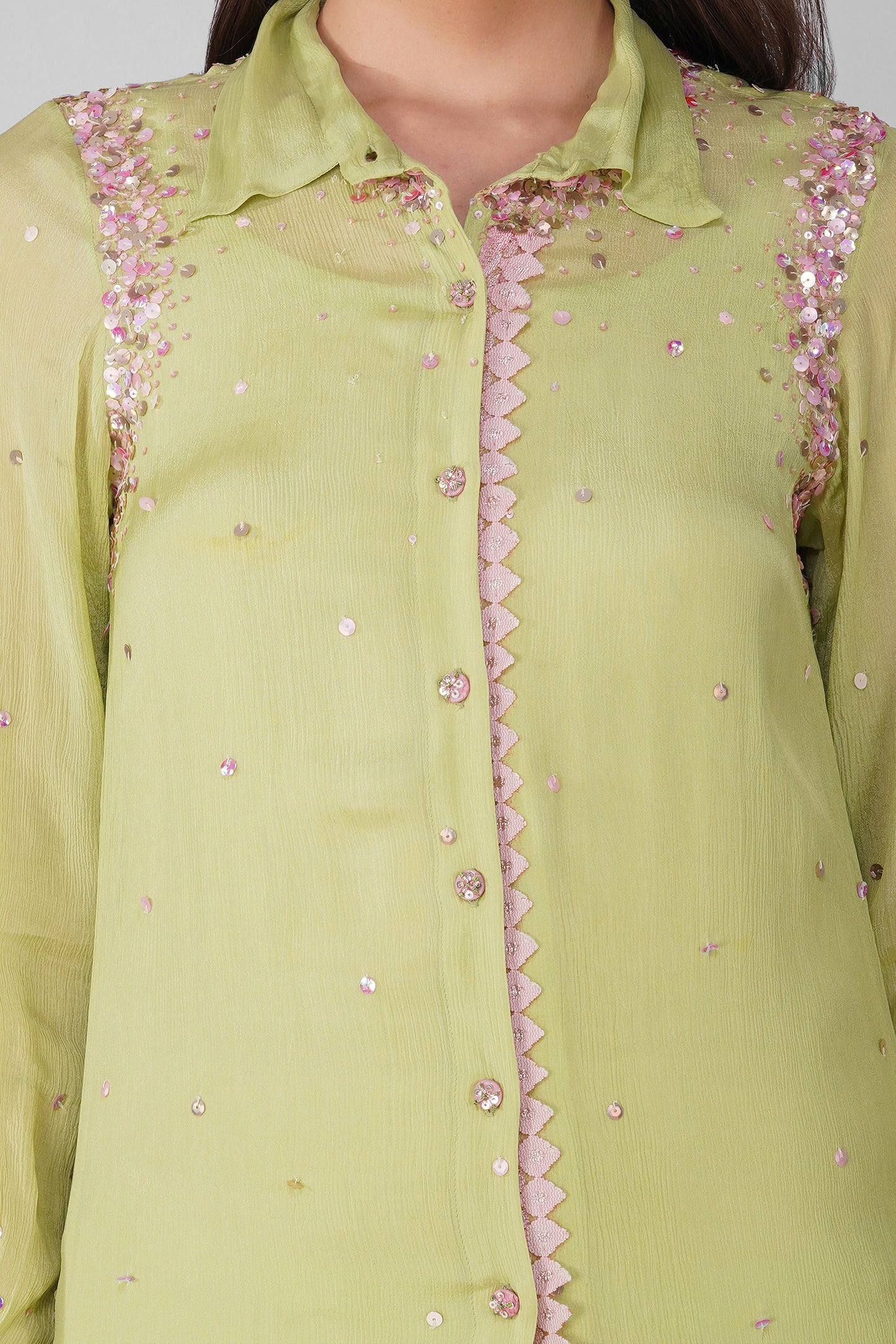 Green Starry Sky Chiffon Shirt Set