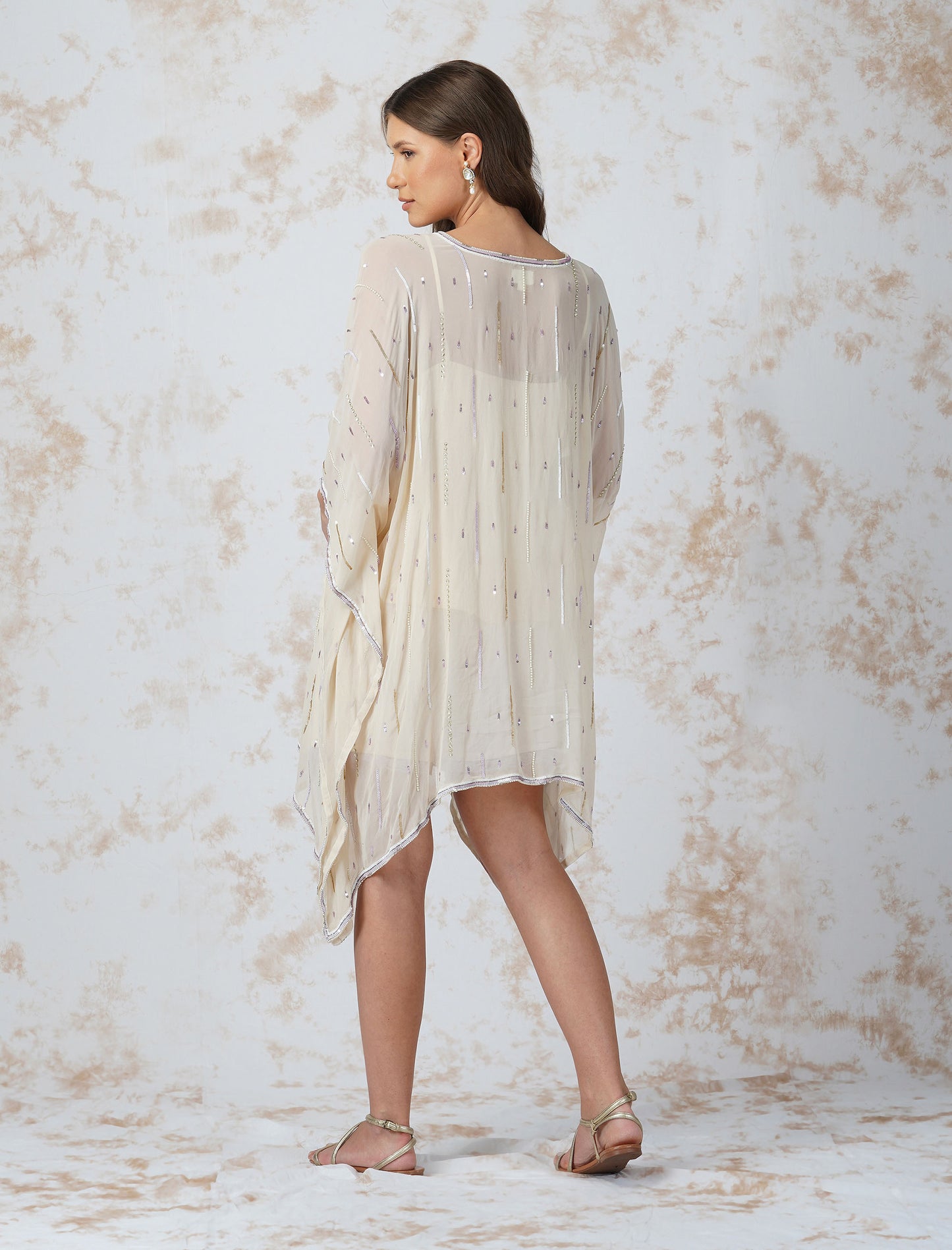 Deep Ivory Sequined Kaftan With Shorts