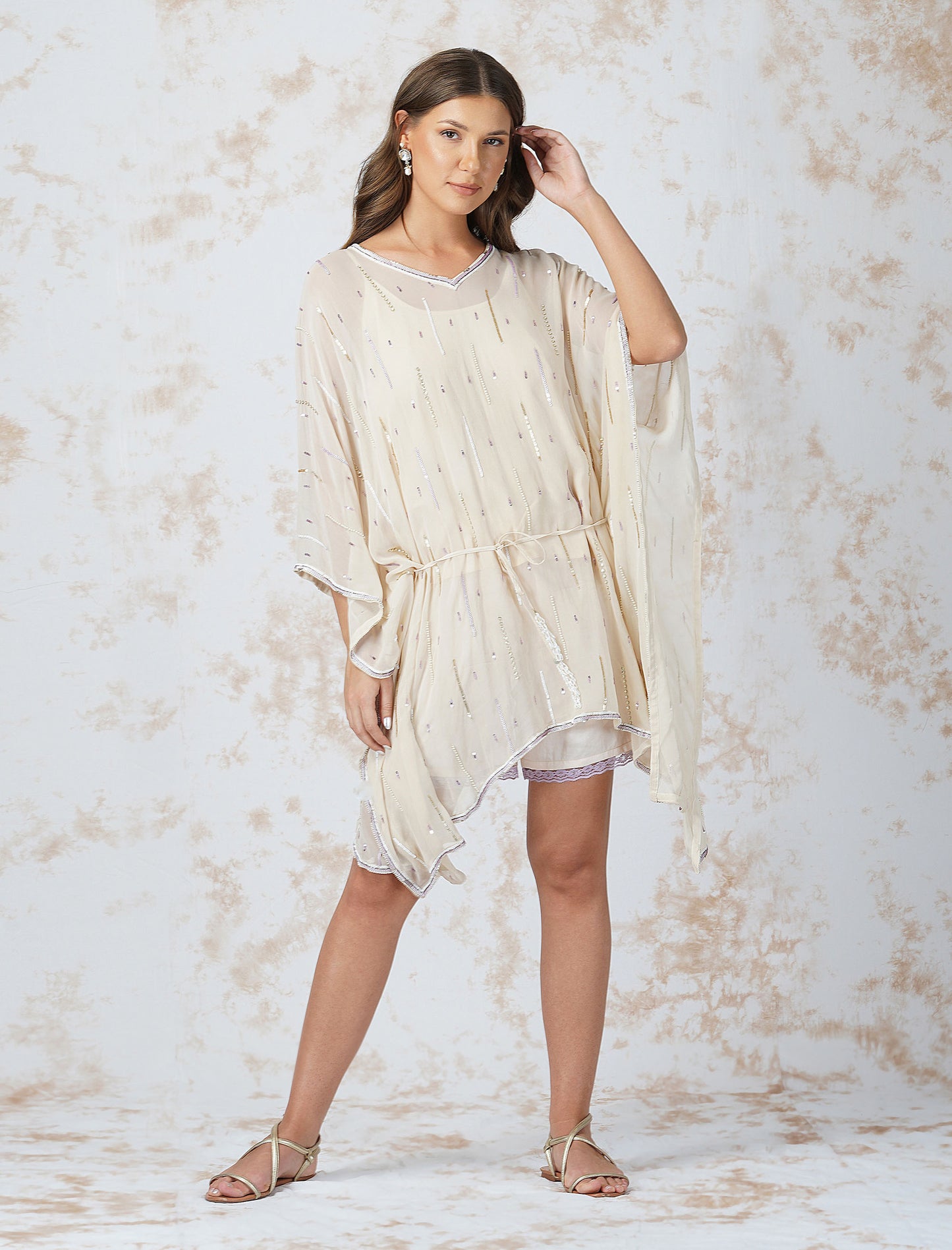 Deep Ivory Sequined Kaftan With Shorts