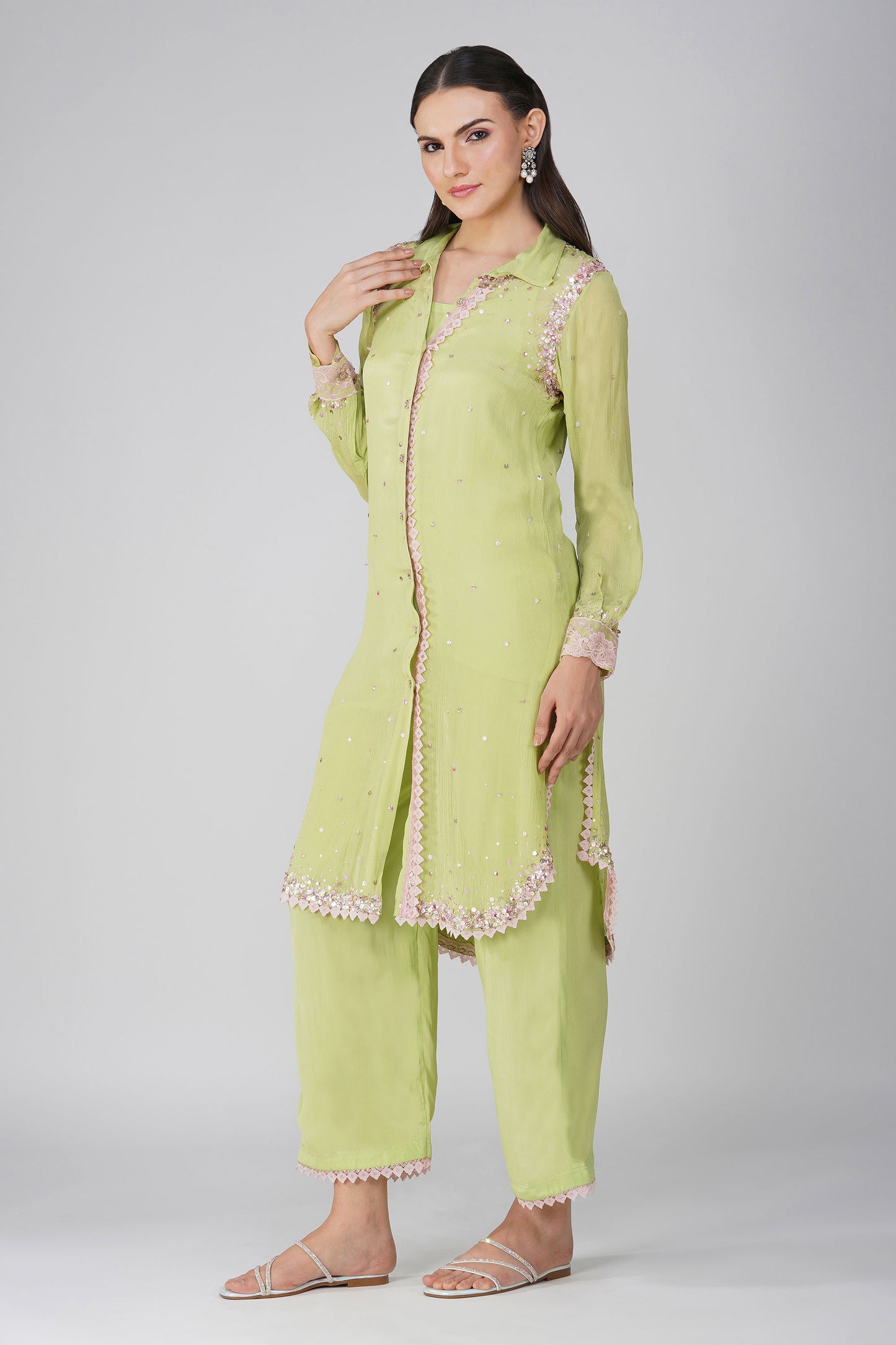 Green Starry Sky Chiffon Shirt Set