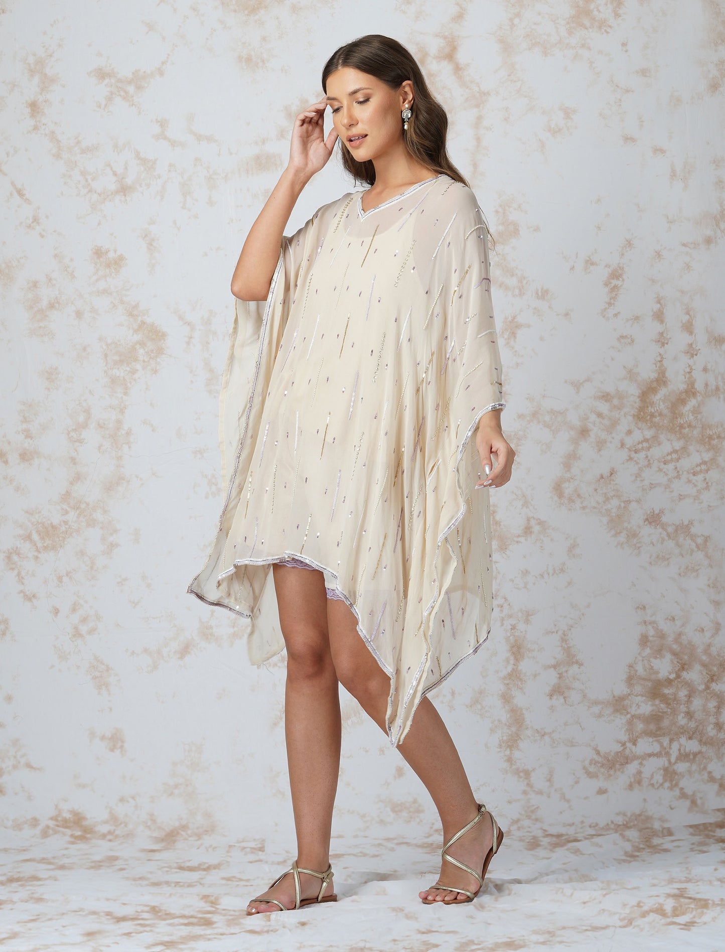 Deep Ivory Sequined Kaftan With Shorts