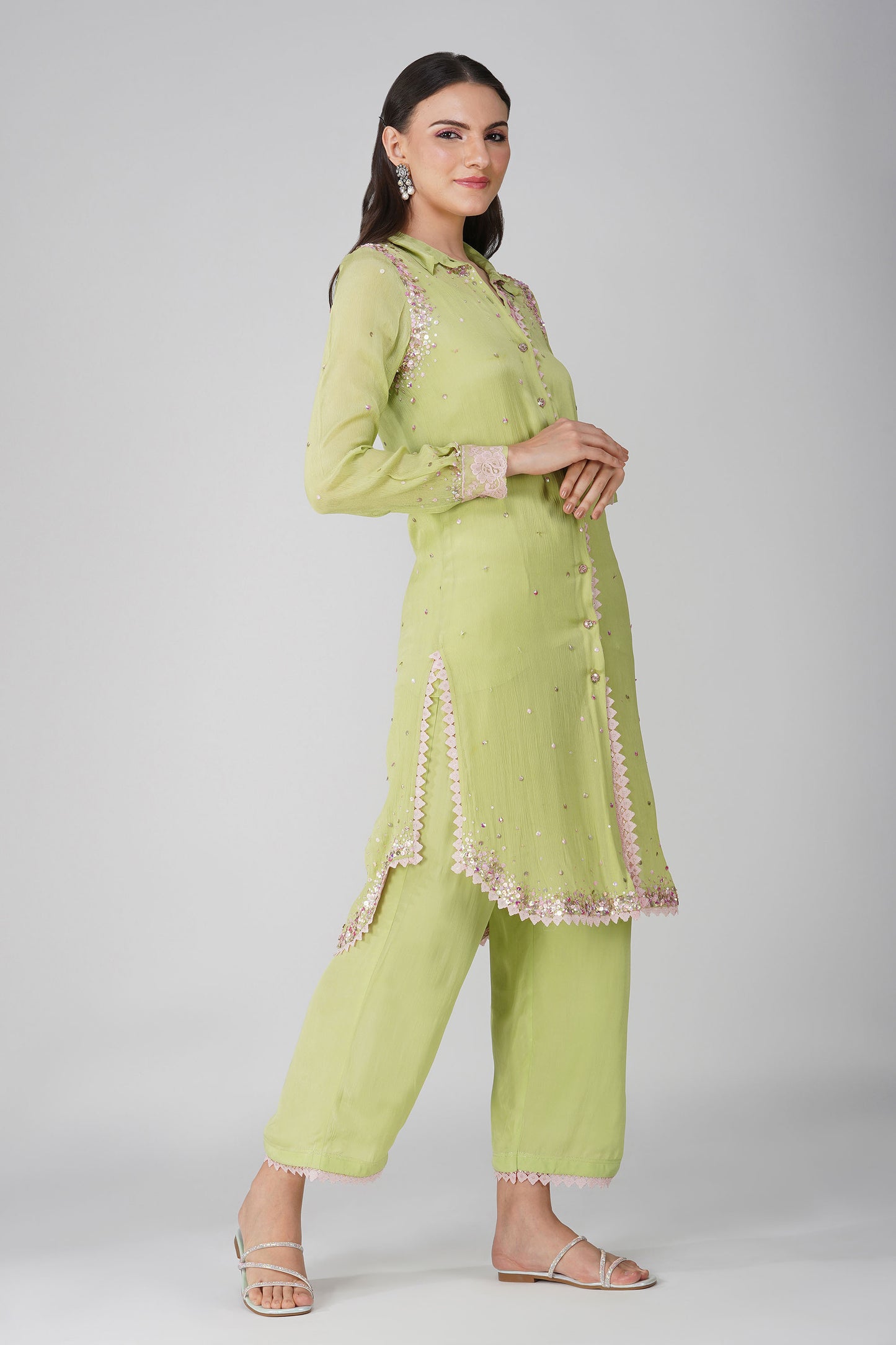 Green Starry Sky Chiffon Shirt Set