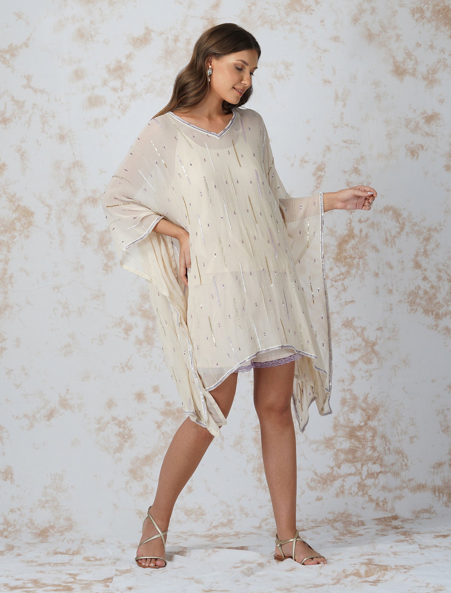 Deep Ivory Sequined Kaftan With Shorts