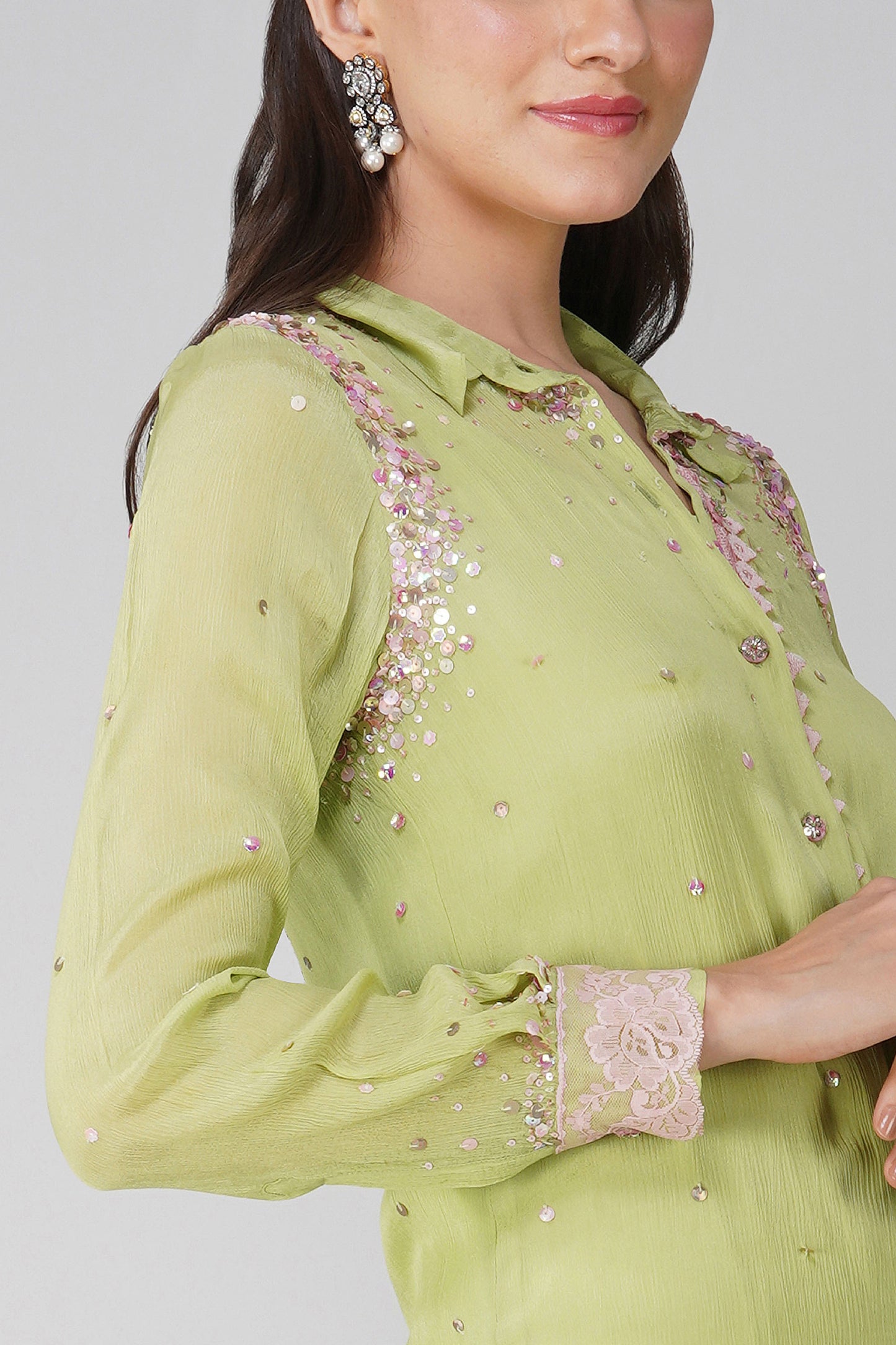 Green Starry Sky Chiffon Shirt Set