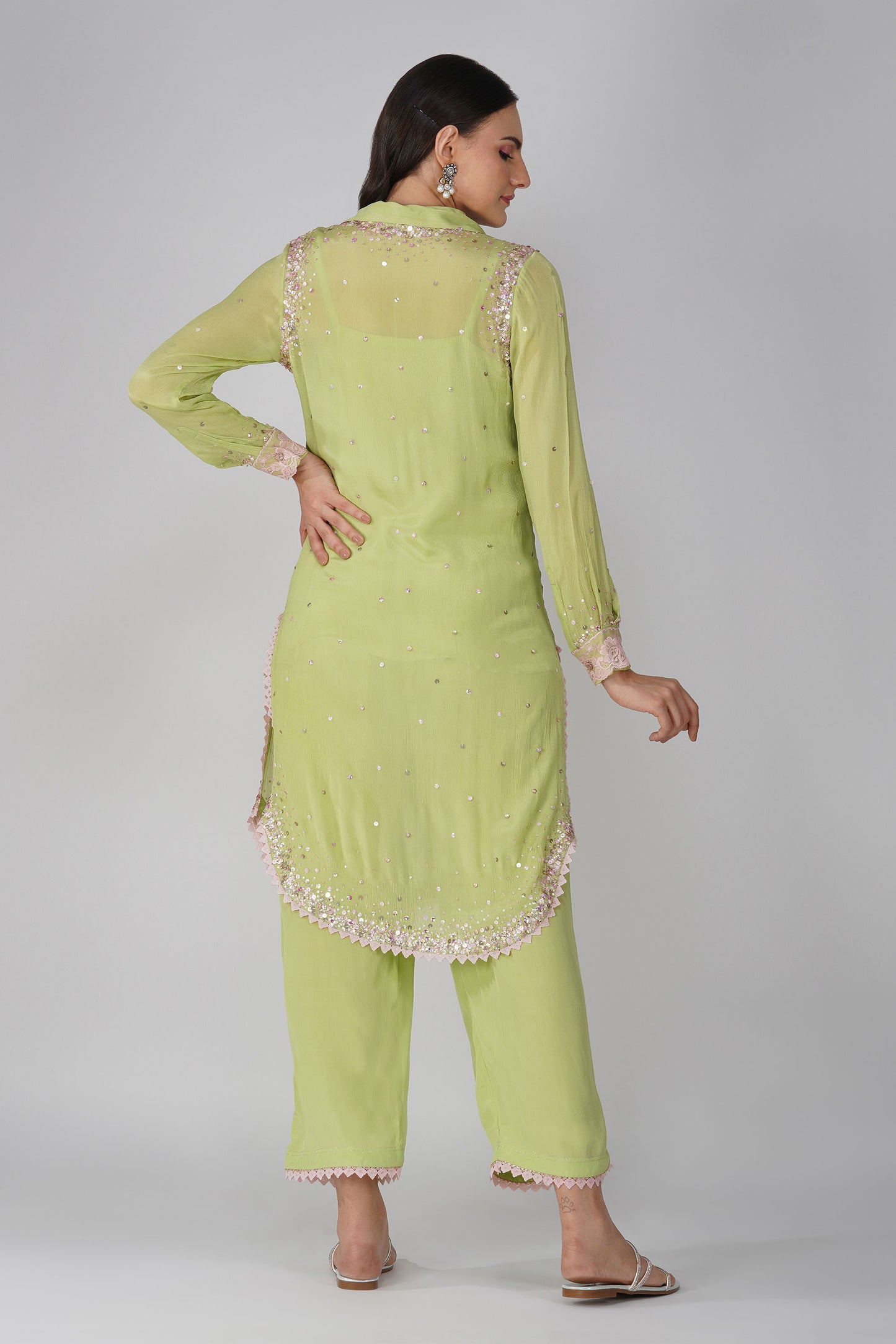 Green Starry Sky Chiffon Shirt Set