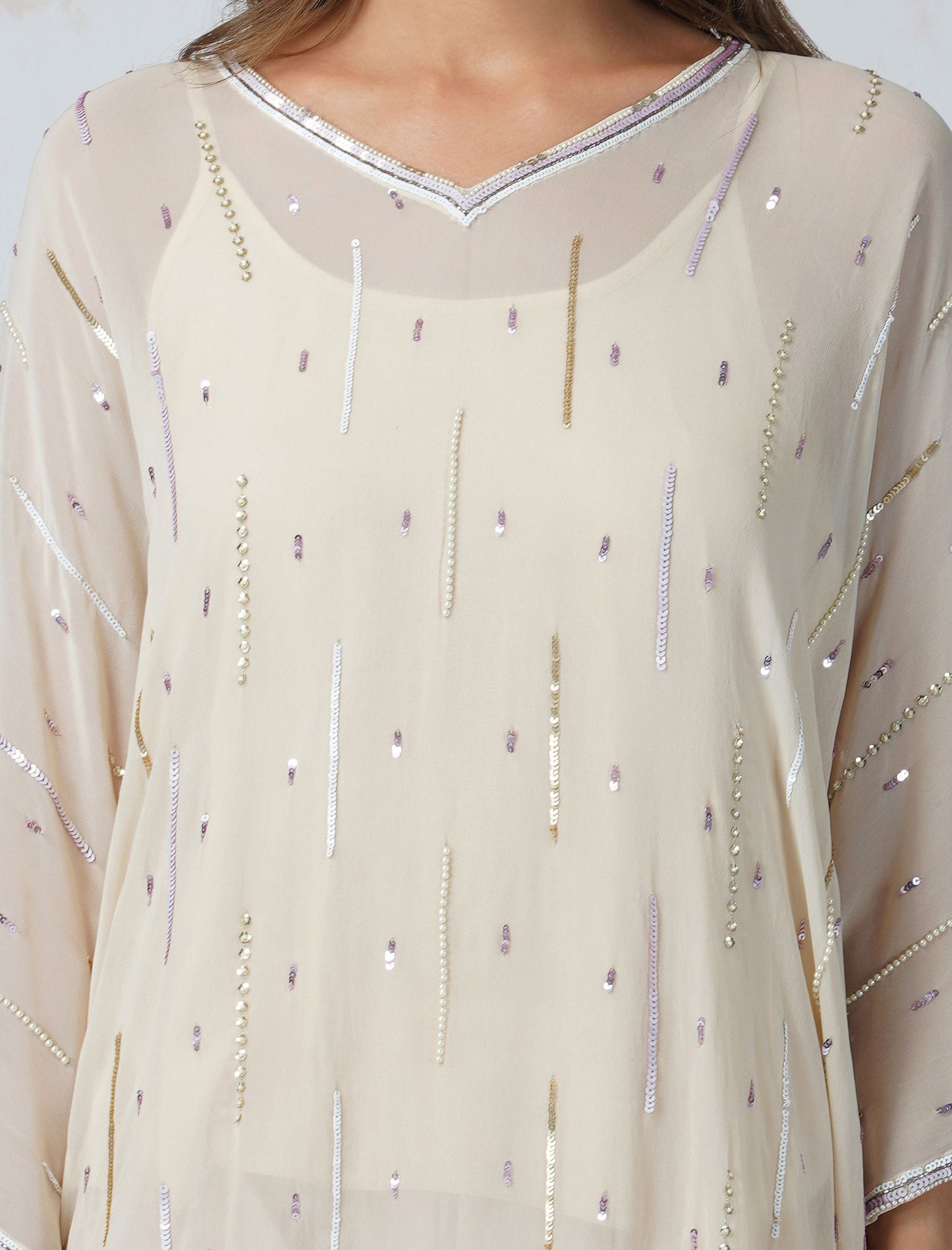 Deep Ivory Sequined Kaftan With Shorts