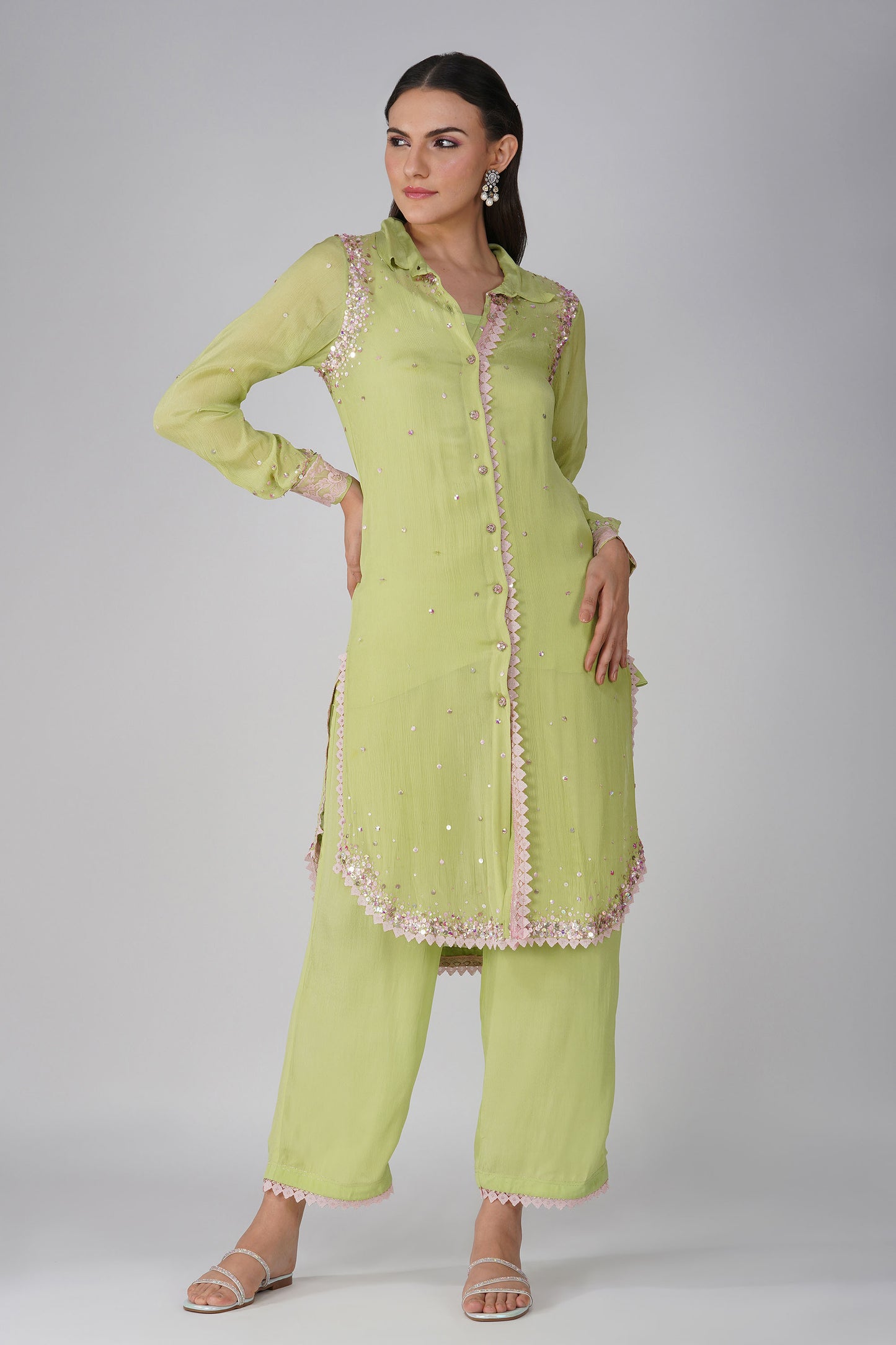 Green Starry Sky Chiffon Shirt Set