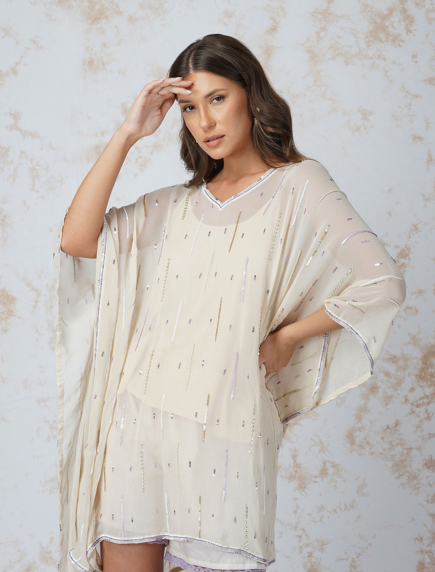 Deep Ivory Sequined Kaftan With Shorts