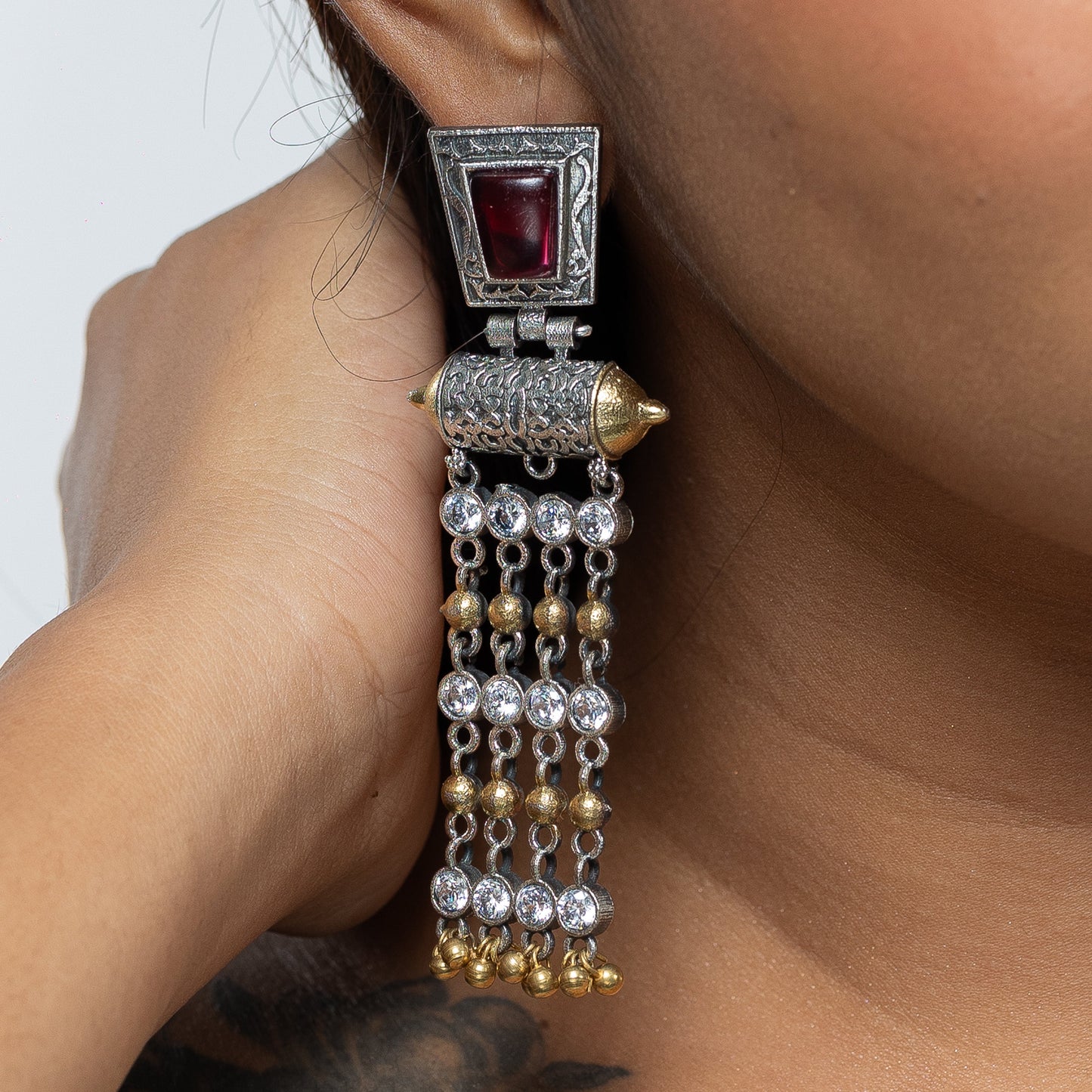 Zevar Club Effortless Long Tribal Silver-Gold Earrings