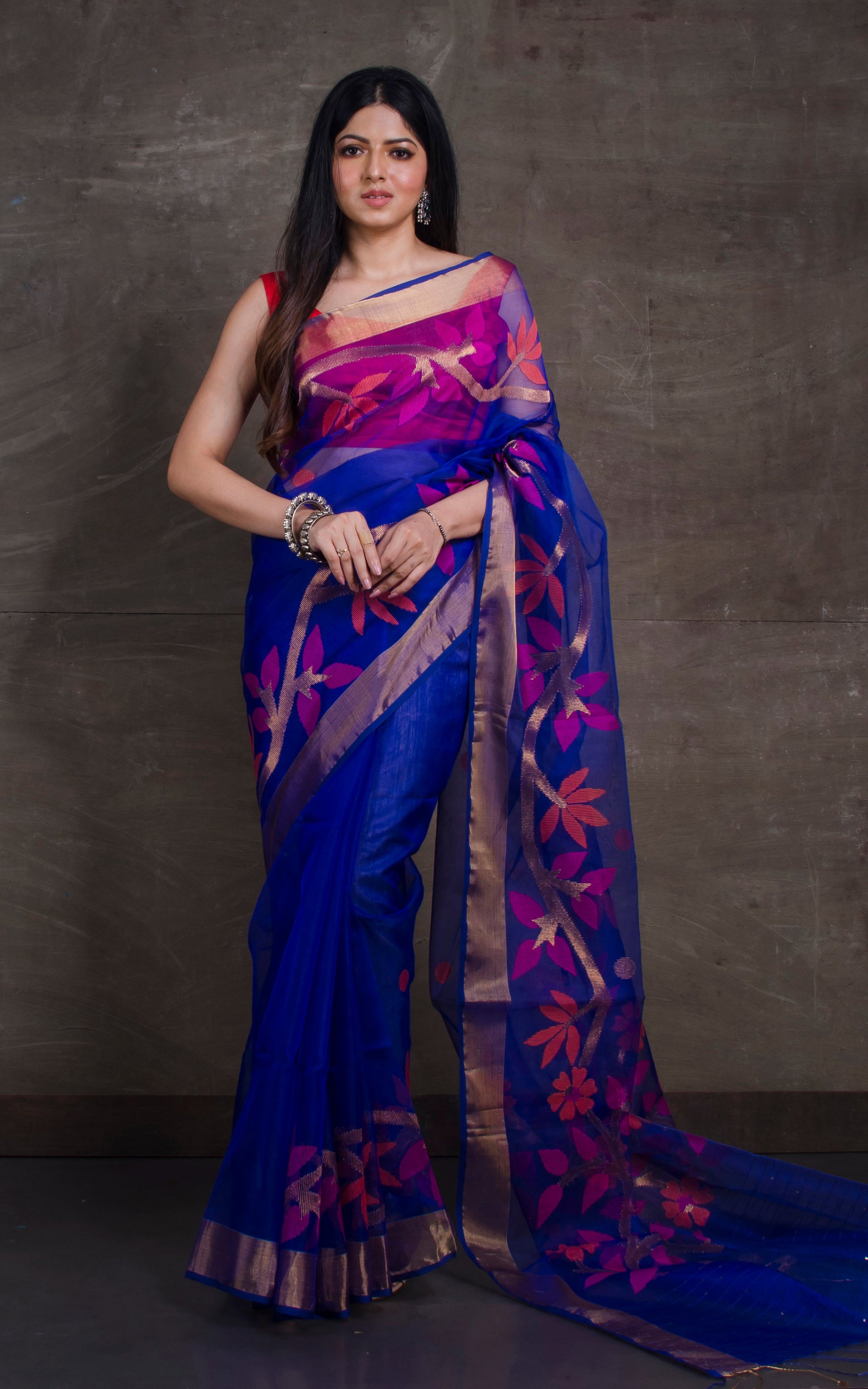 Skirt Border Work Muslin Jamdani Saree in Royal Blue and Multicolored Thread Work