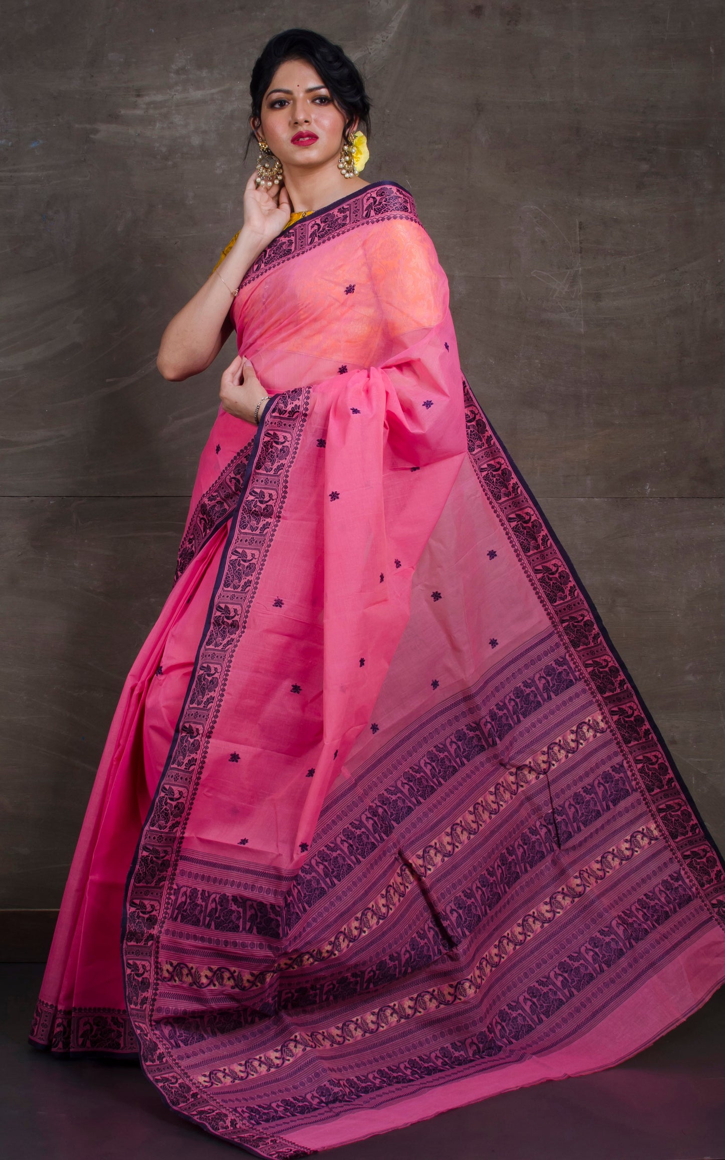 Bengal Handloom Cotton Baluchuri Saree in Rose Pink, Dark Blue and Beige