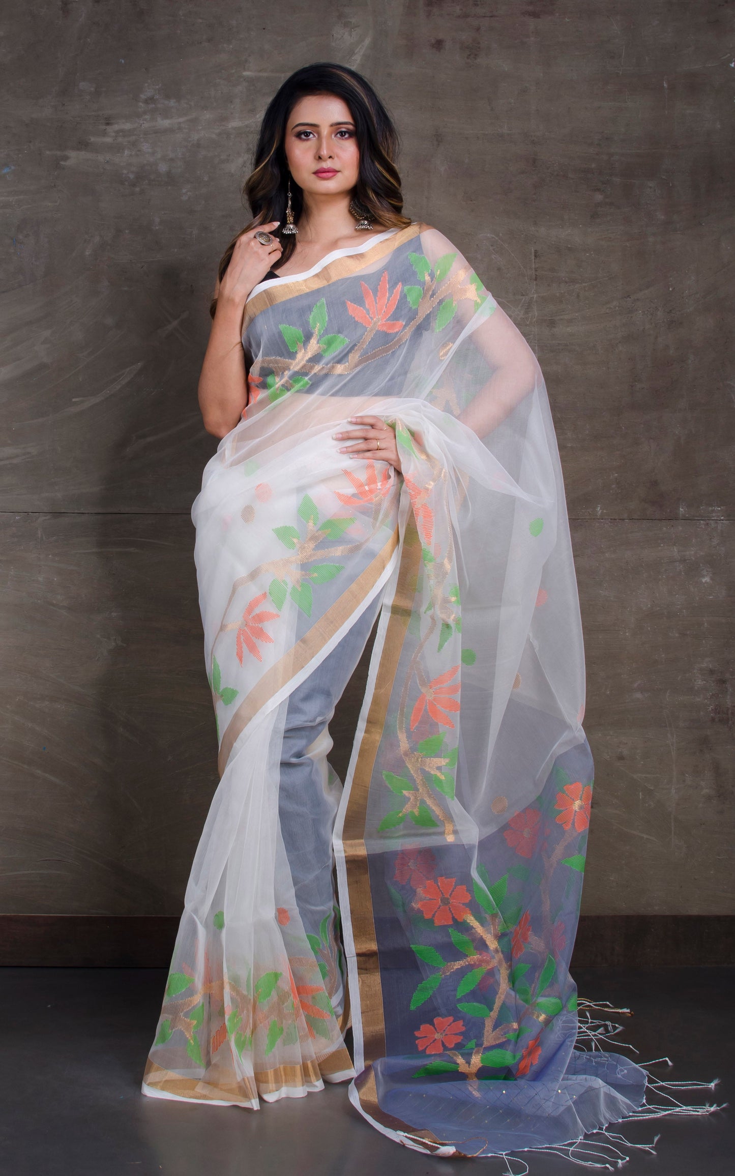 Skirt Border Work Muslin Jamdani Saree in Off White and Multicolored Thread Work