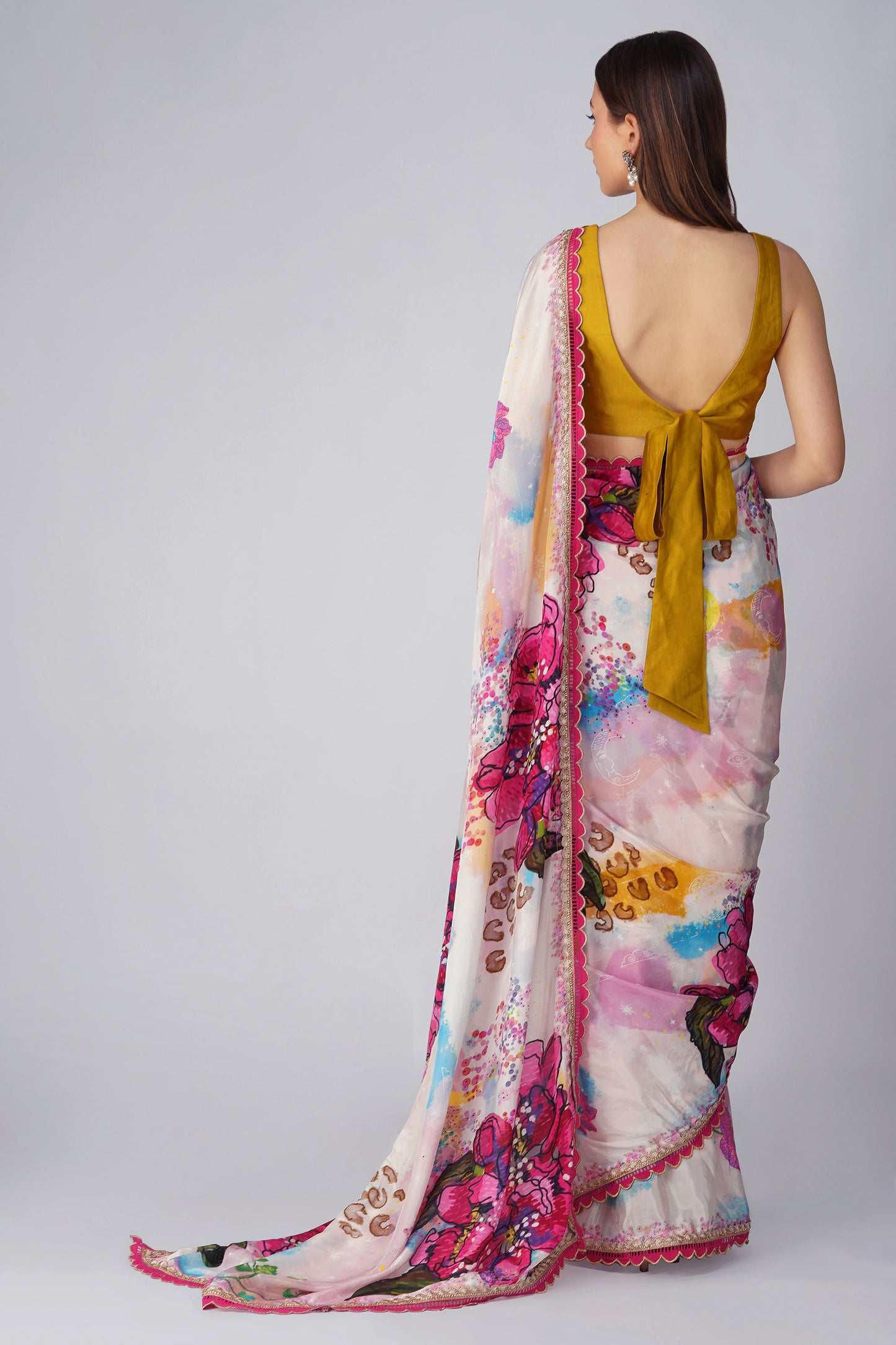 Multi Color Big Flower Printed Saree Set