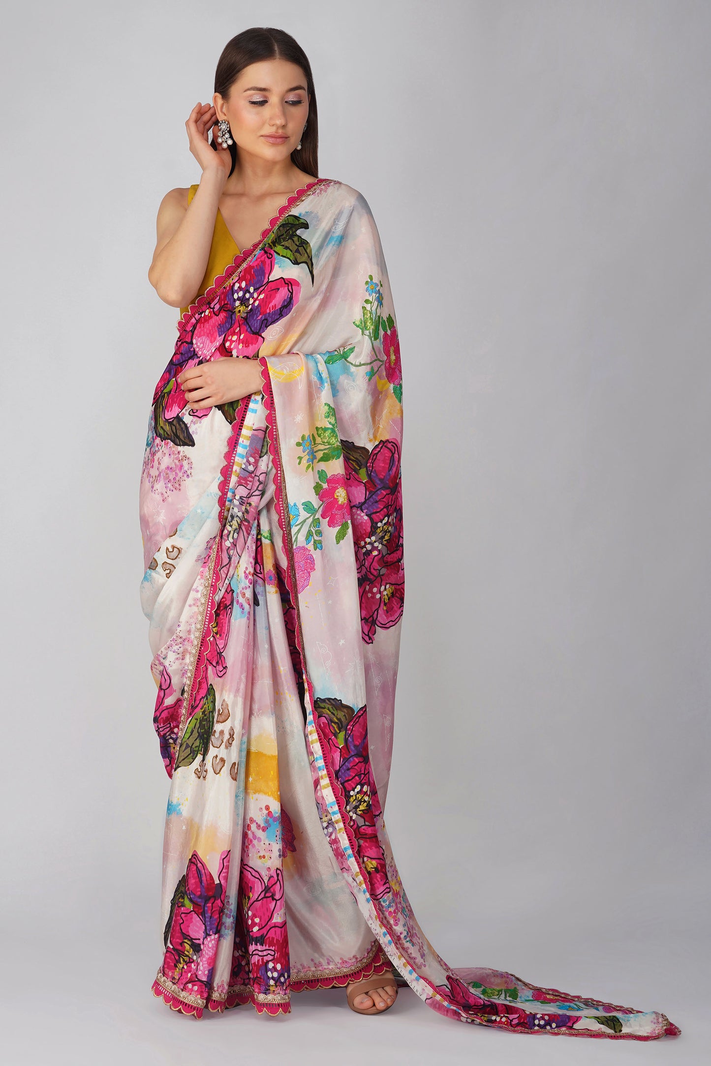 Multi Color Big Flower Printed Saree Set