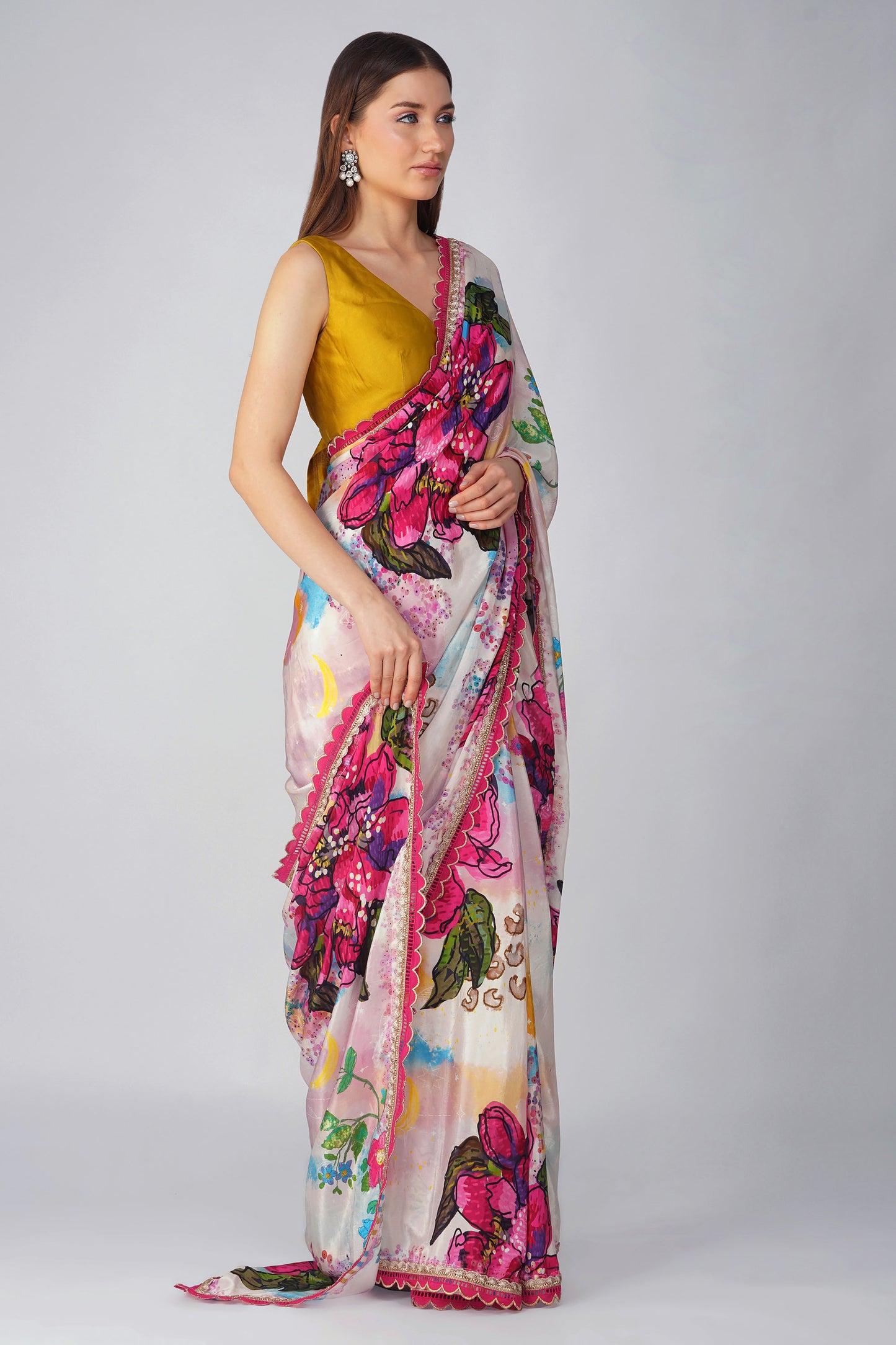 Multi Color Big Flower Printed Saree Set