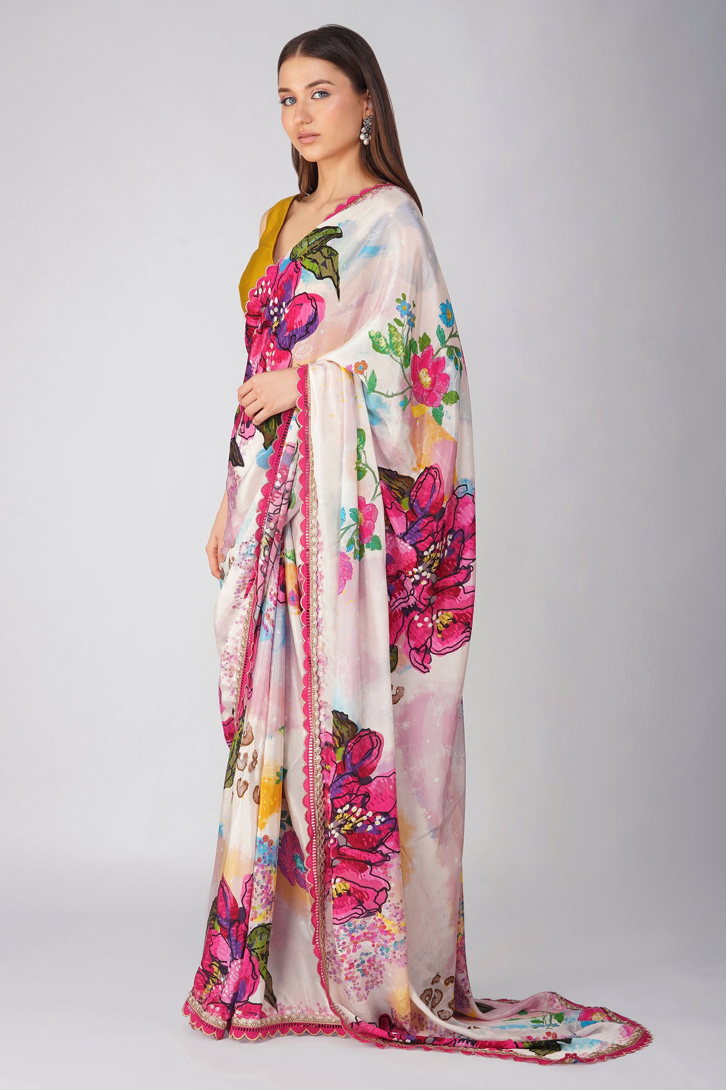 Multi Color Big Flower Printed Saree Set