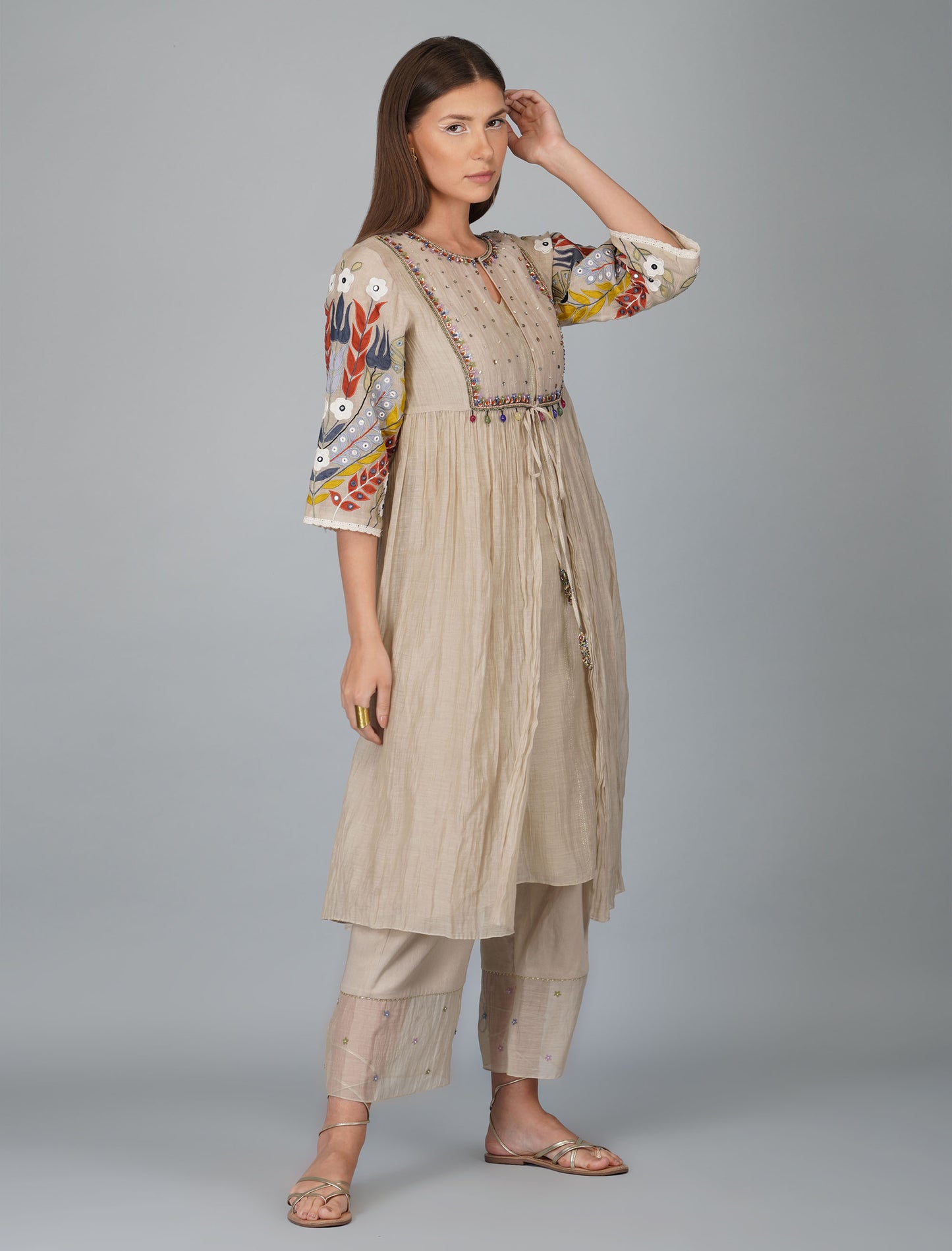 Applique Sleeves Layered Kurta Set