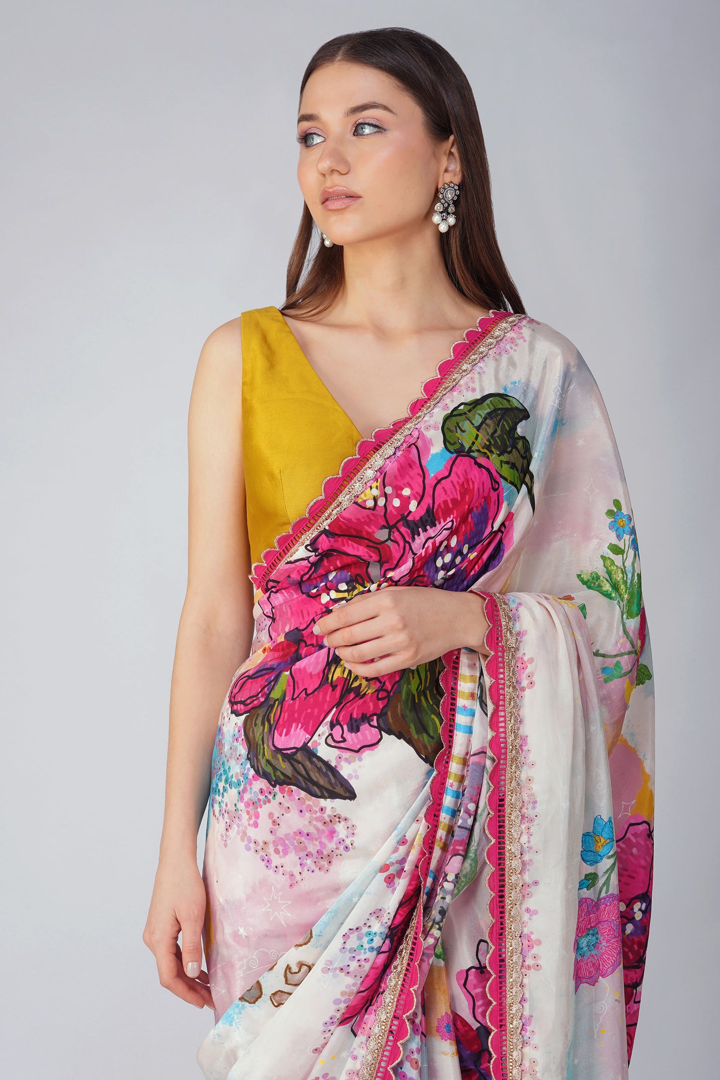 Multi Color Big Flower Printed Saree Set