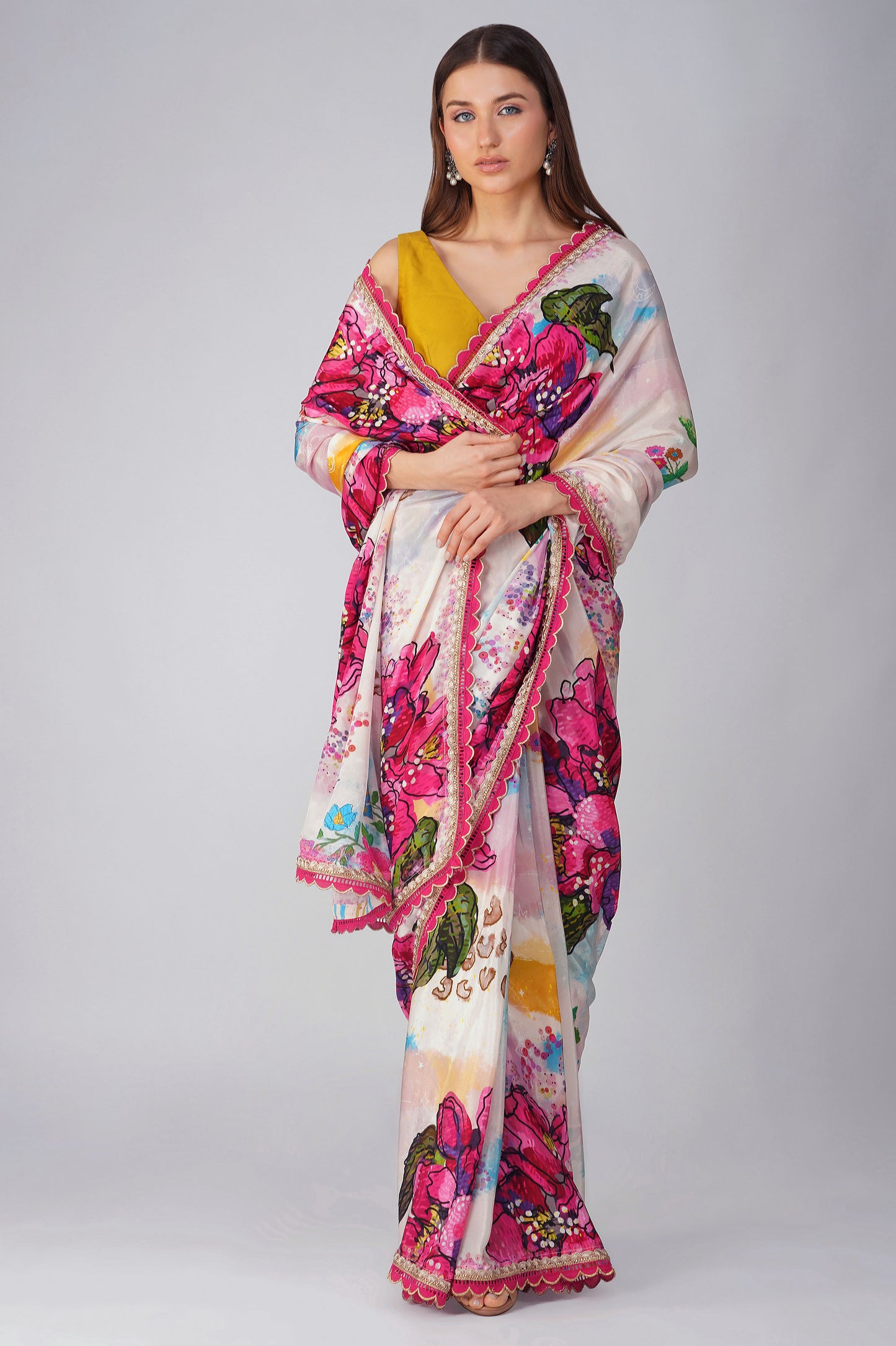 Multi Color Big Flower Printed Saree Set