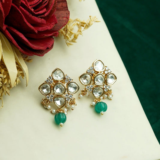 Rhombus Pastel Green Kundan Drop Earrings