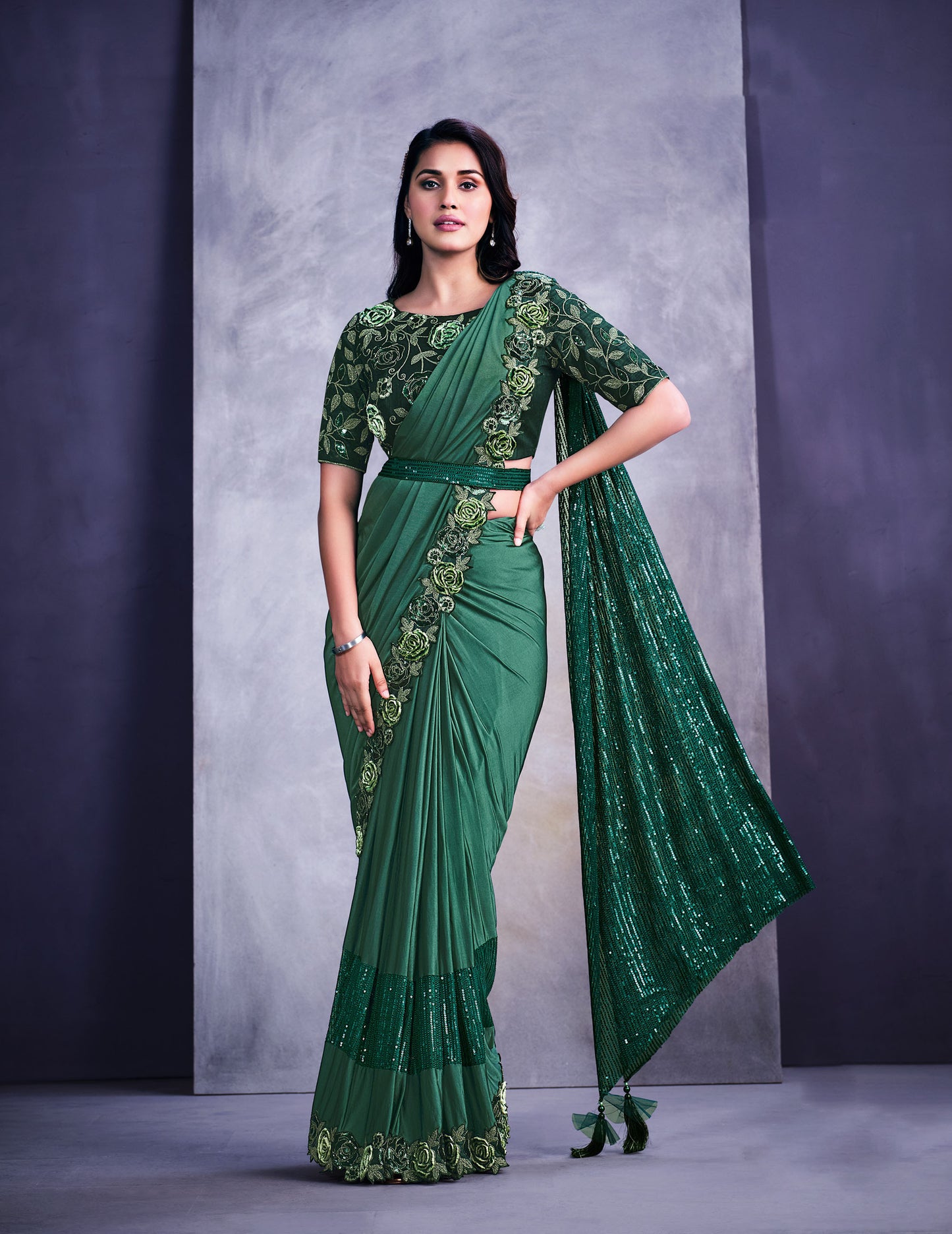 Dark Green Floral Embroidery Crystal Lycra Saree for Sangeet