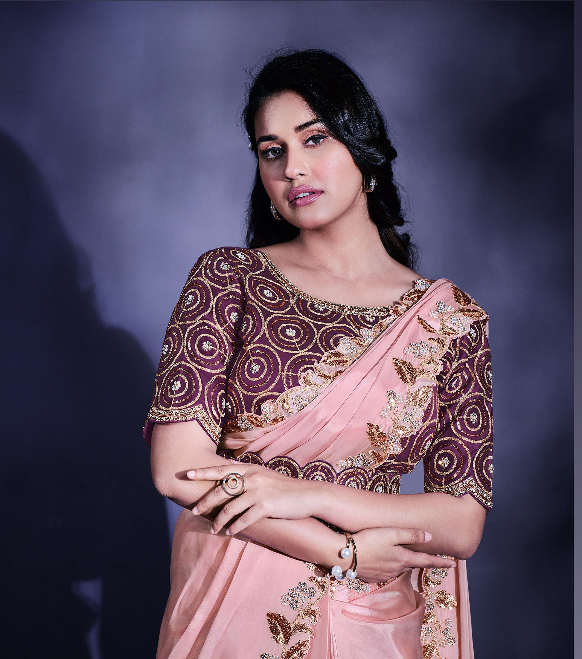 Peach Floral Embroidery Crepe Satin Silk Saree for Engagement