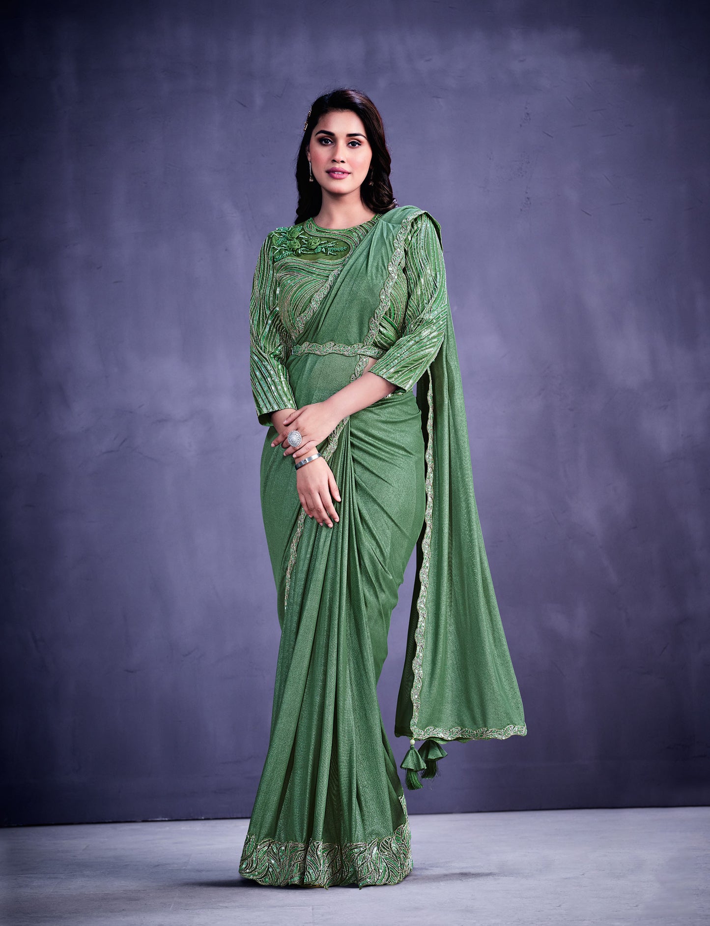 Green Floral Embroidery Soft Net Wedding Guest Saree