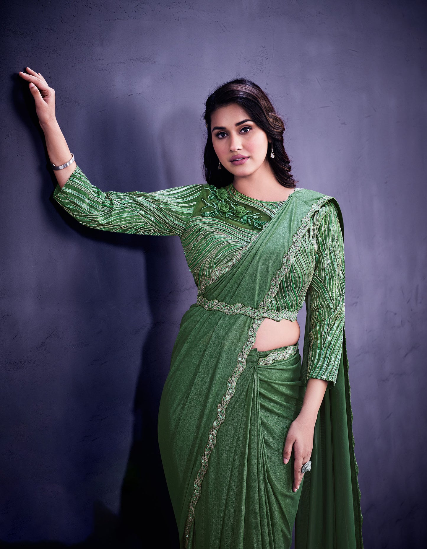 Green Floral Embroidery Soft Net Wedding Guest Saree