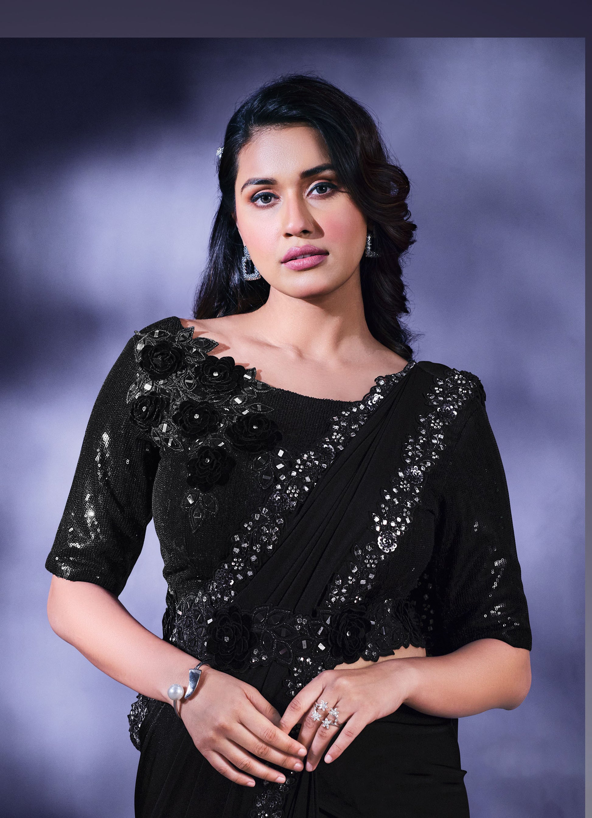 Black Floral Embroidery Crepe Lycra Cocktail Saree