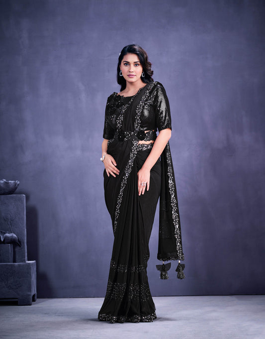 Black Floral Embroidery Crepe Lycra Cocktail Saree