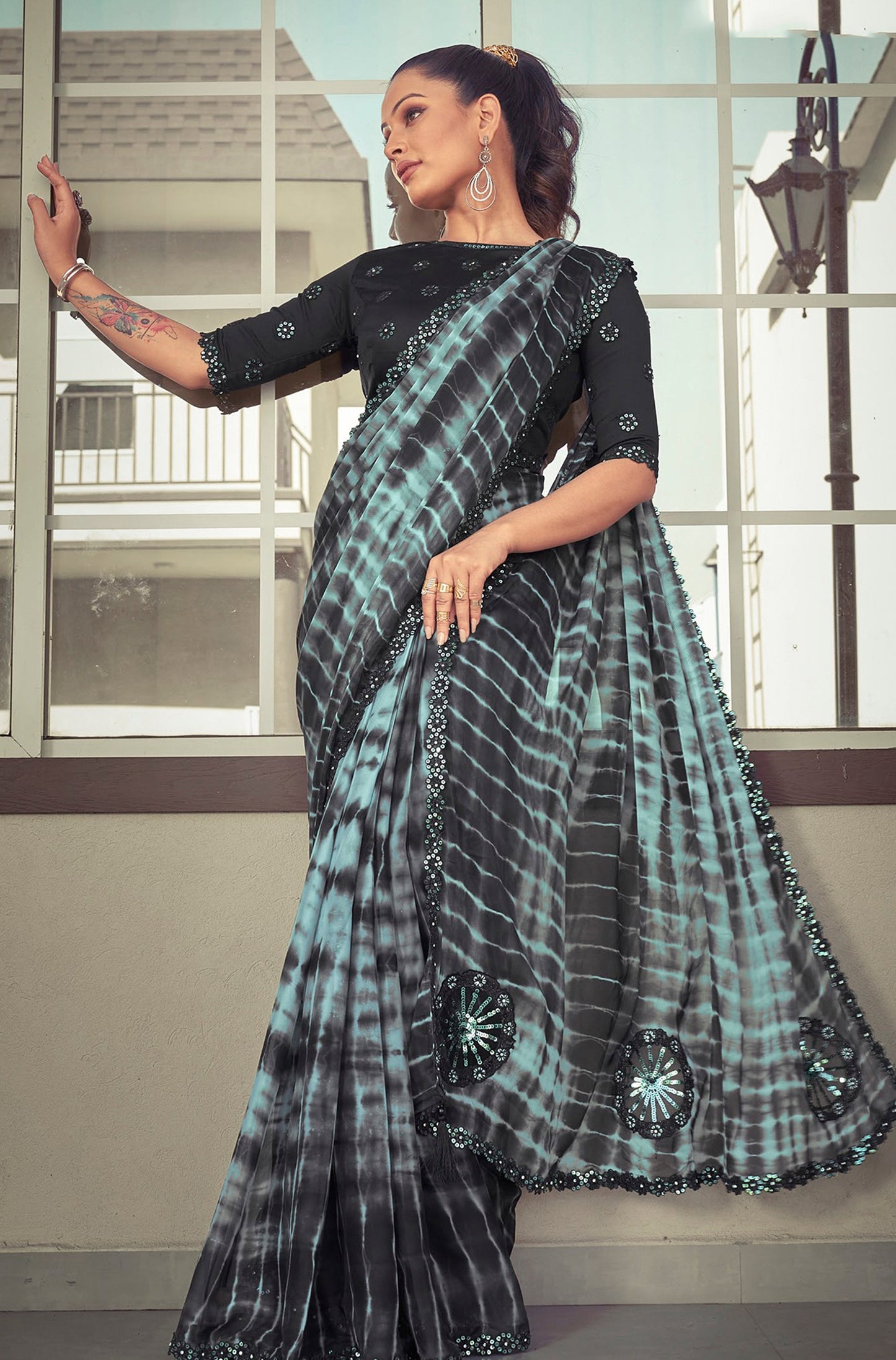 Black and Blue Crepe Georgette Printed Partywear Saree