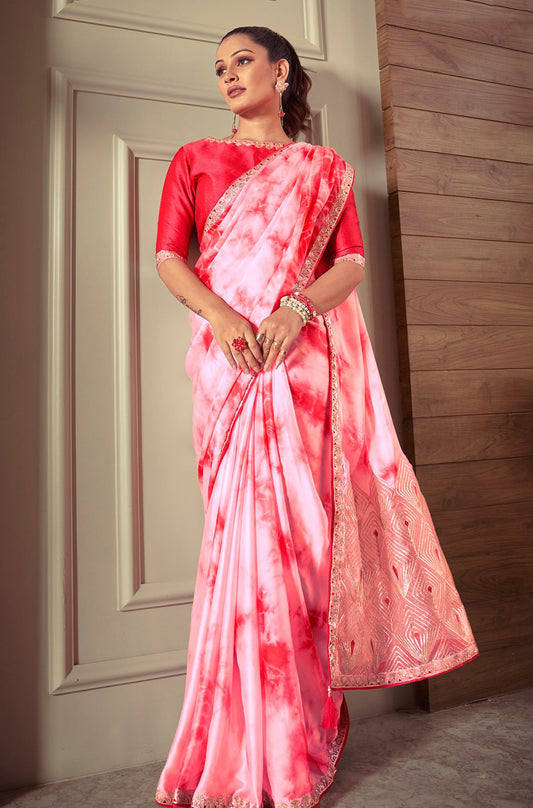 Pink Crepe Satin Silk Printed Partywear Saree