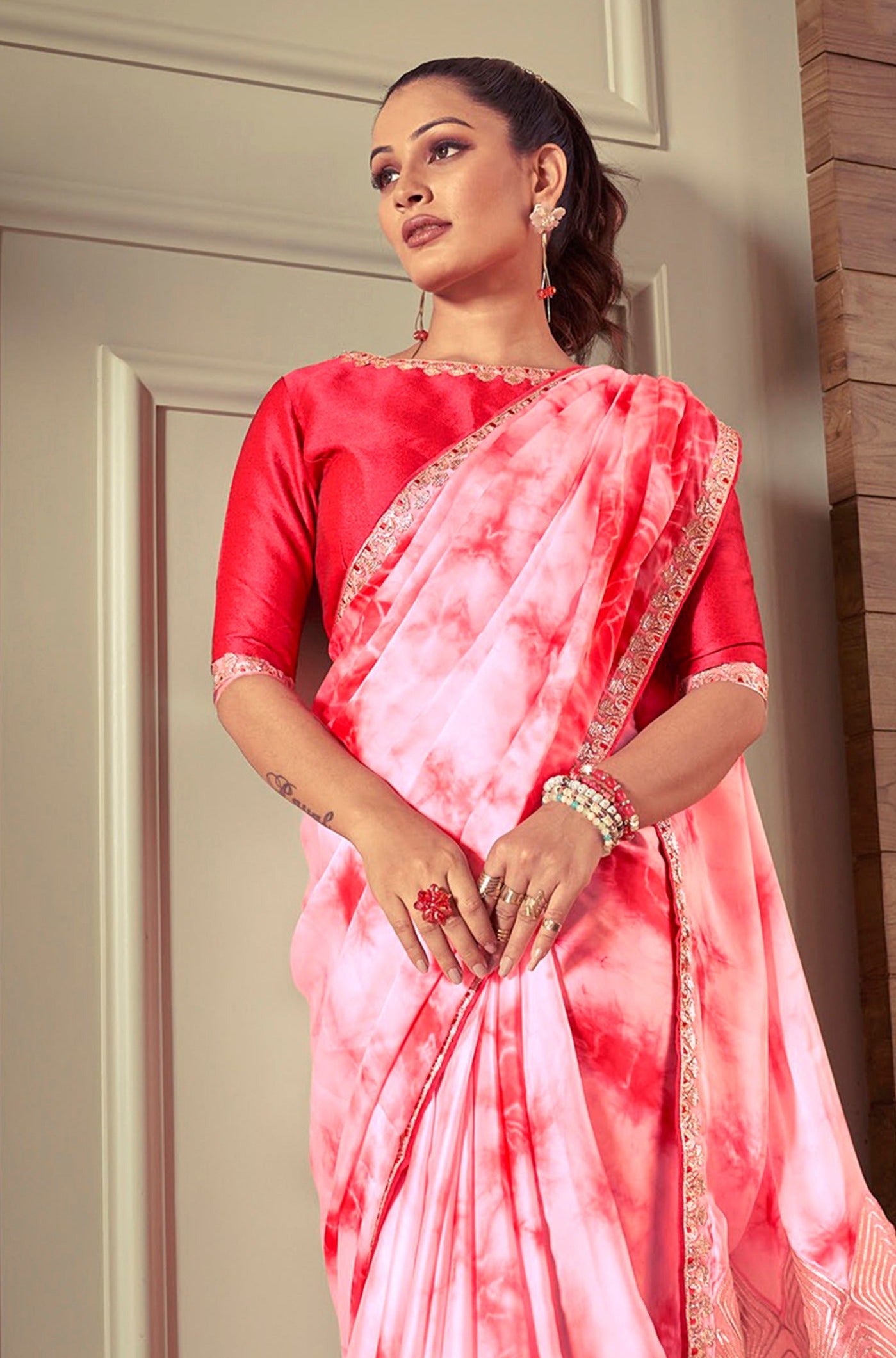 Pink Crepe Satin Silk Printed Partywear Saree