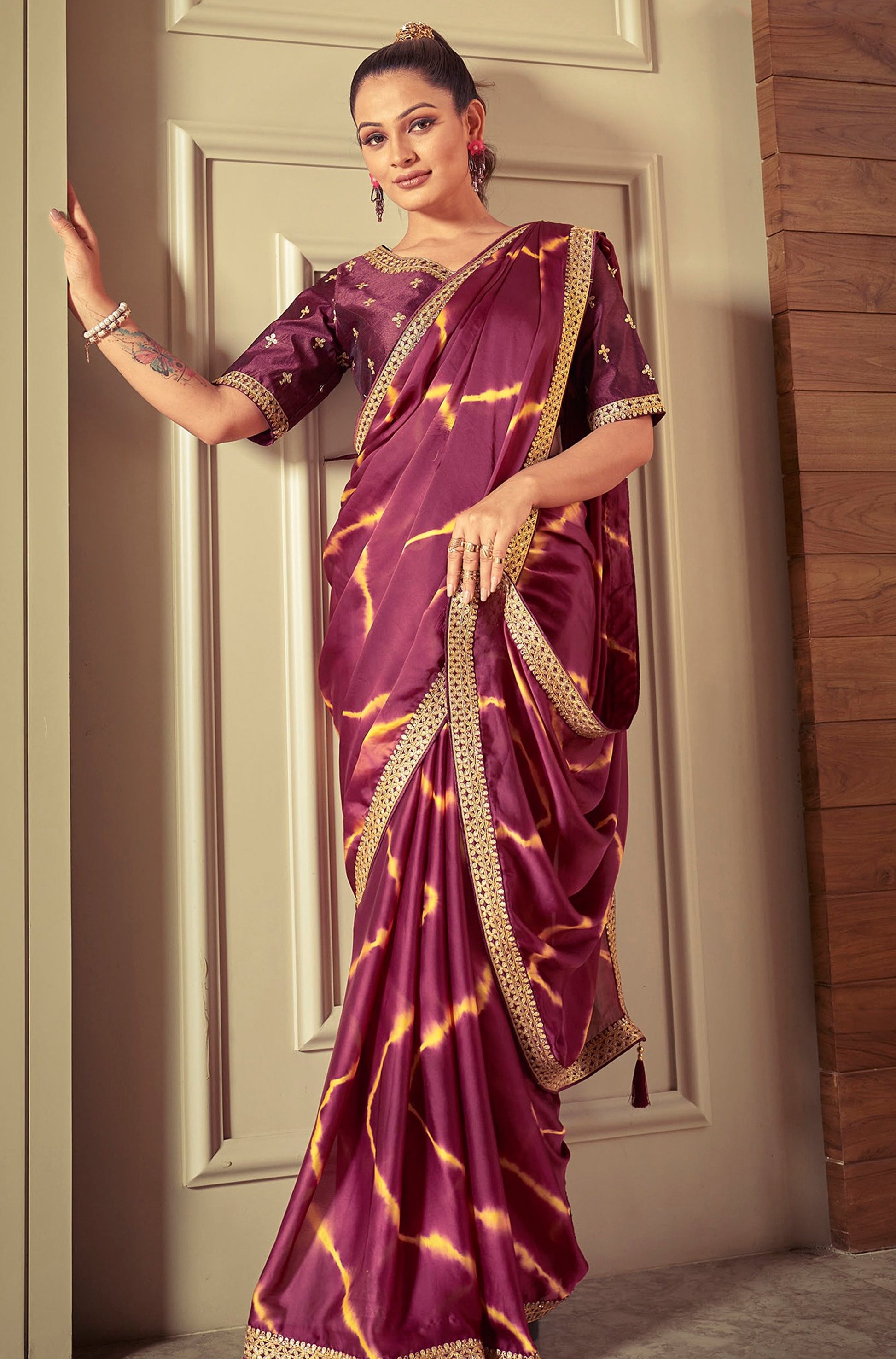 Purple Crepe Satin Silk Printed Partywear Saree