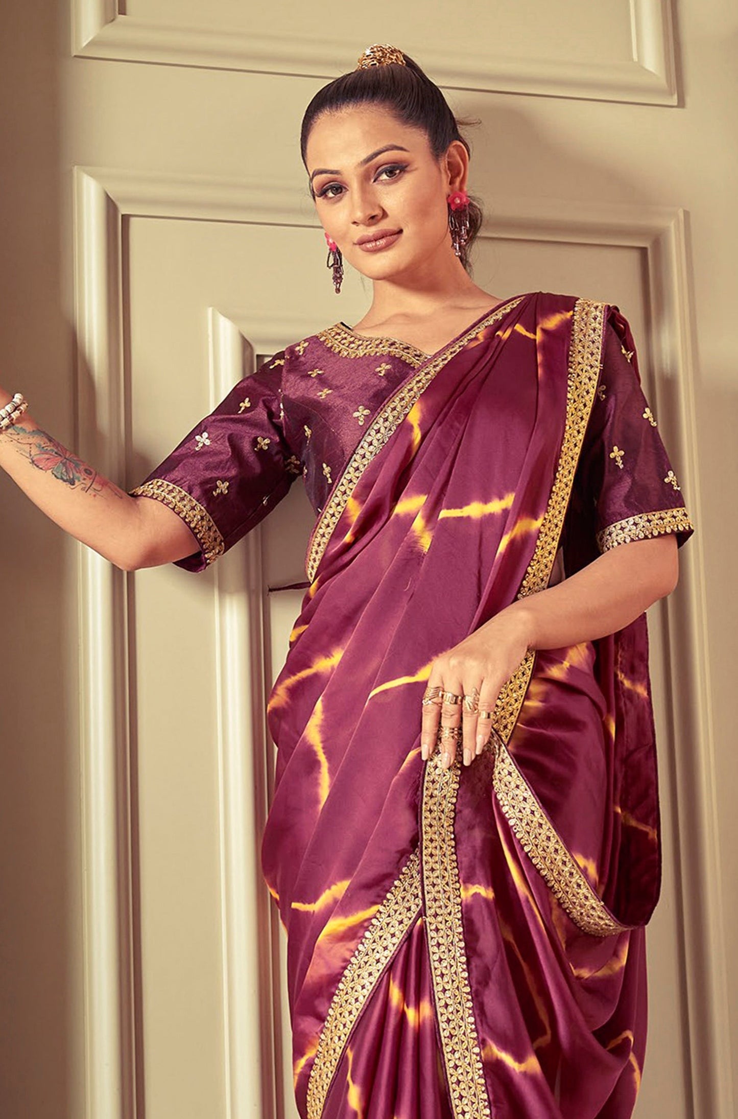 Purple Crepe Satin Silk Printed Partywear Saree