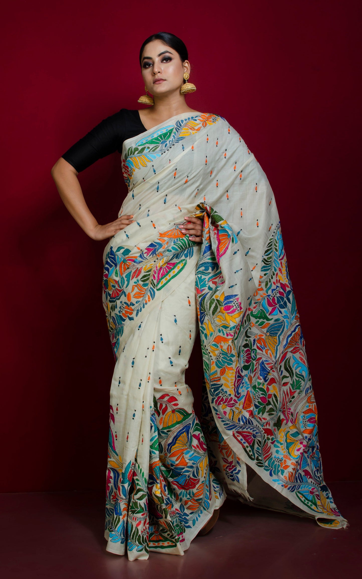 Hand Embroidery Tussar Silk Kantha Work Saree in Off White and Multicolored Thread Work