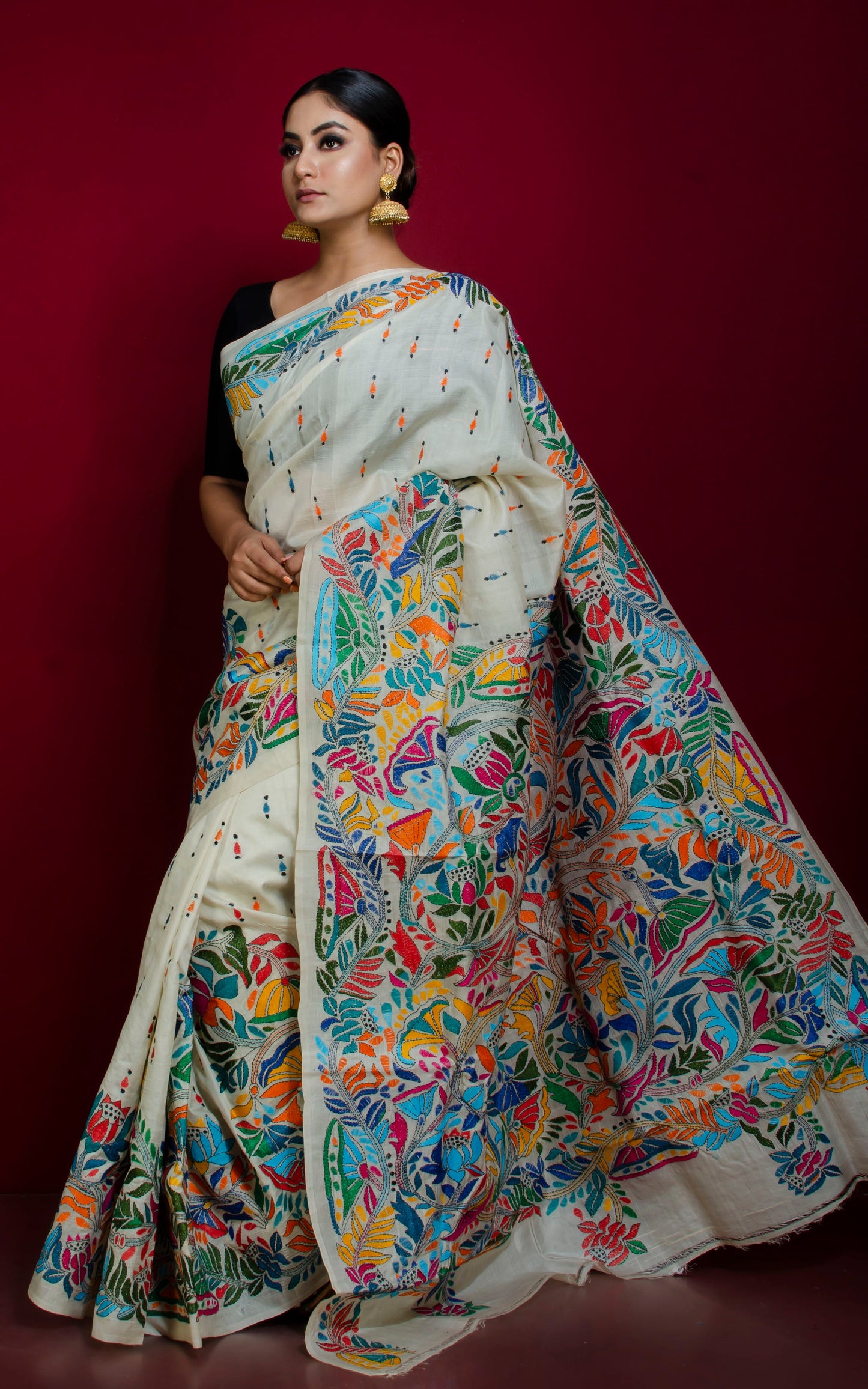 Hand Embroidery Tussar Silk Kantha Work Saree in Off White and Multicolored Thread Work