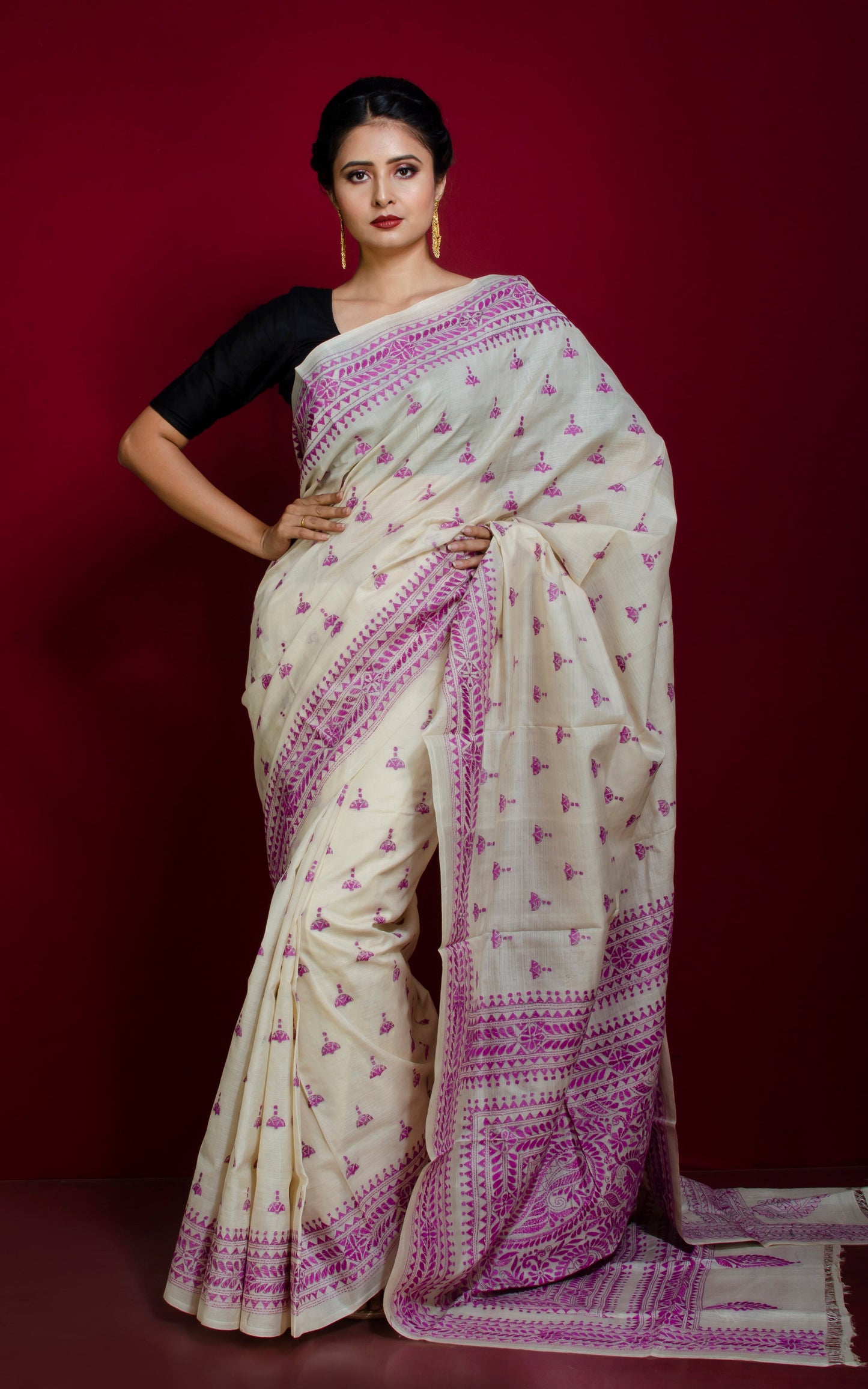 Hand Embroidery Tussar Silk Kantha Work Saree in Off White and Purple