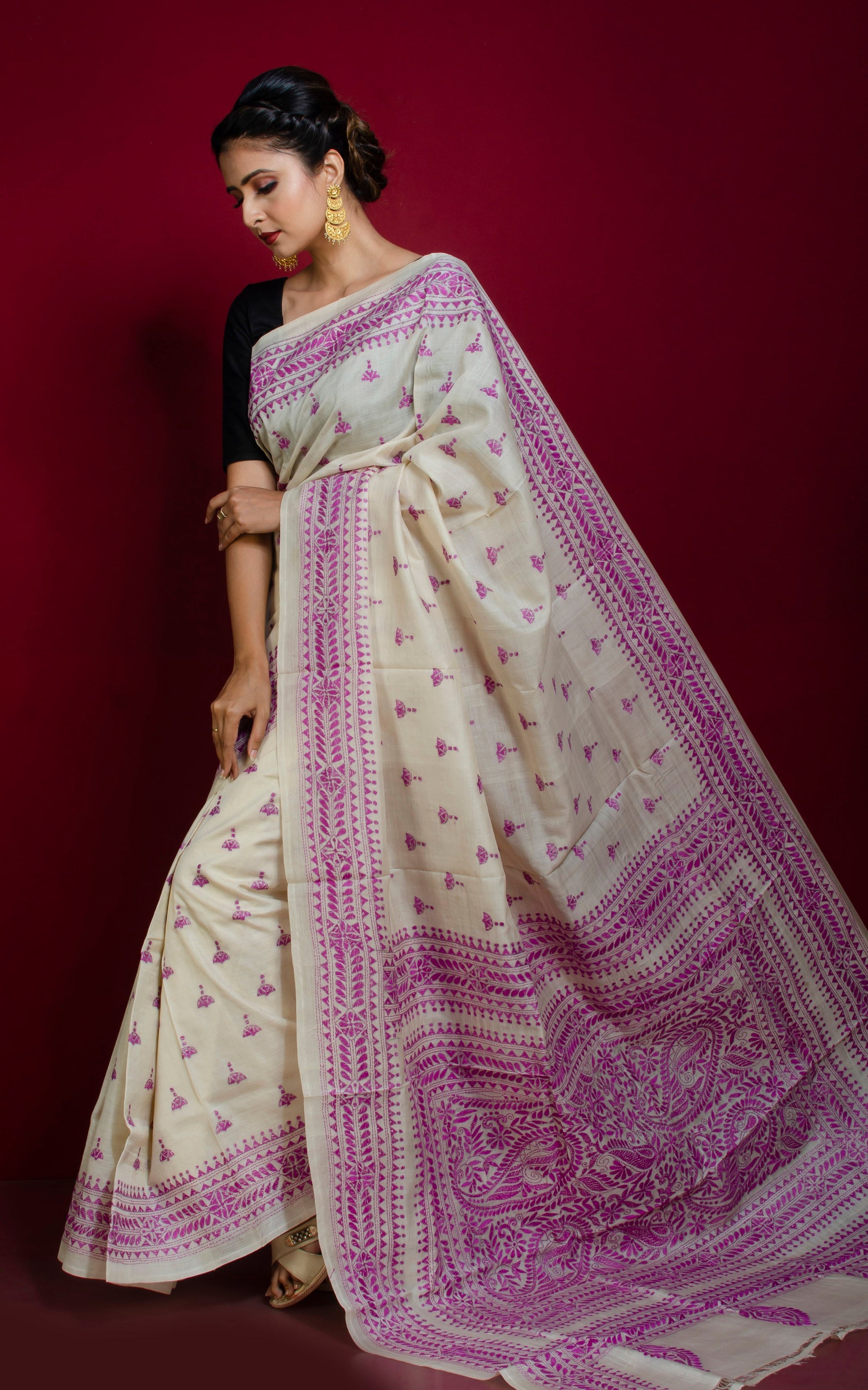 Hand Embroidery Tussar Silk Kantha Work Saree in Off White and Purple