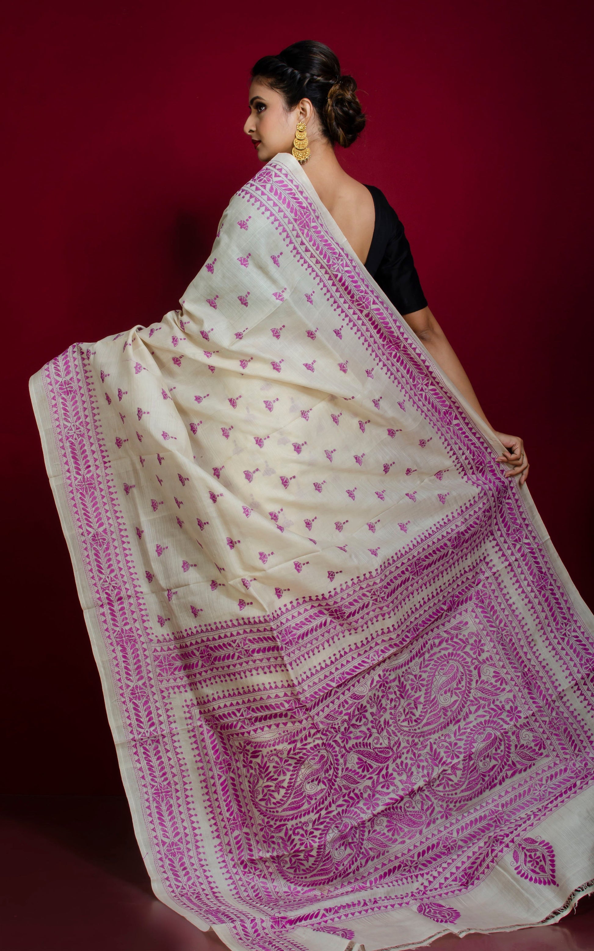 Hand Embroidery Tussar Silk Kantha Work Saree in Off White and Purple